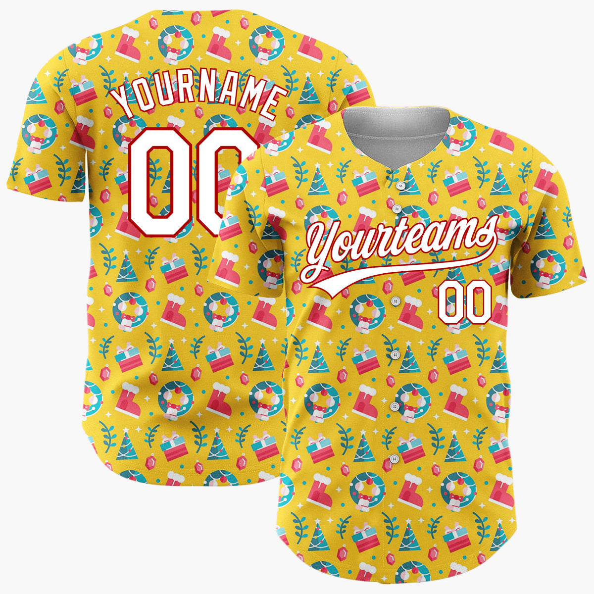 Custom Yellow Red Blue Simple Icon Christmas Baseball Jersey