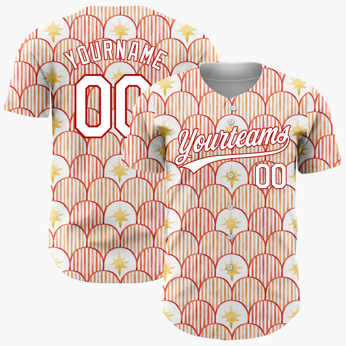 Custom White Red Scallop Scale And Star Watercolor Pattern Christmas Baseball Jersey