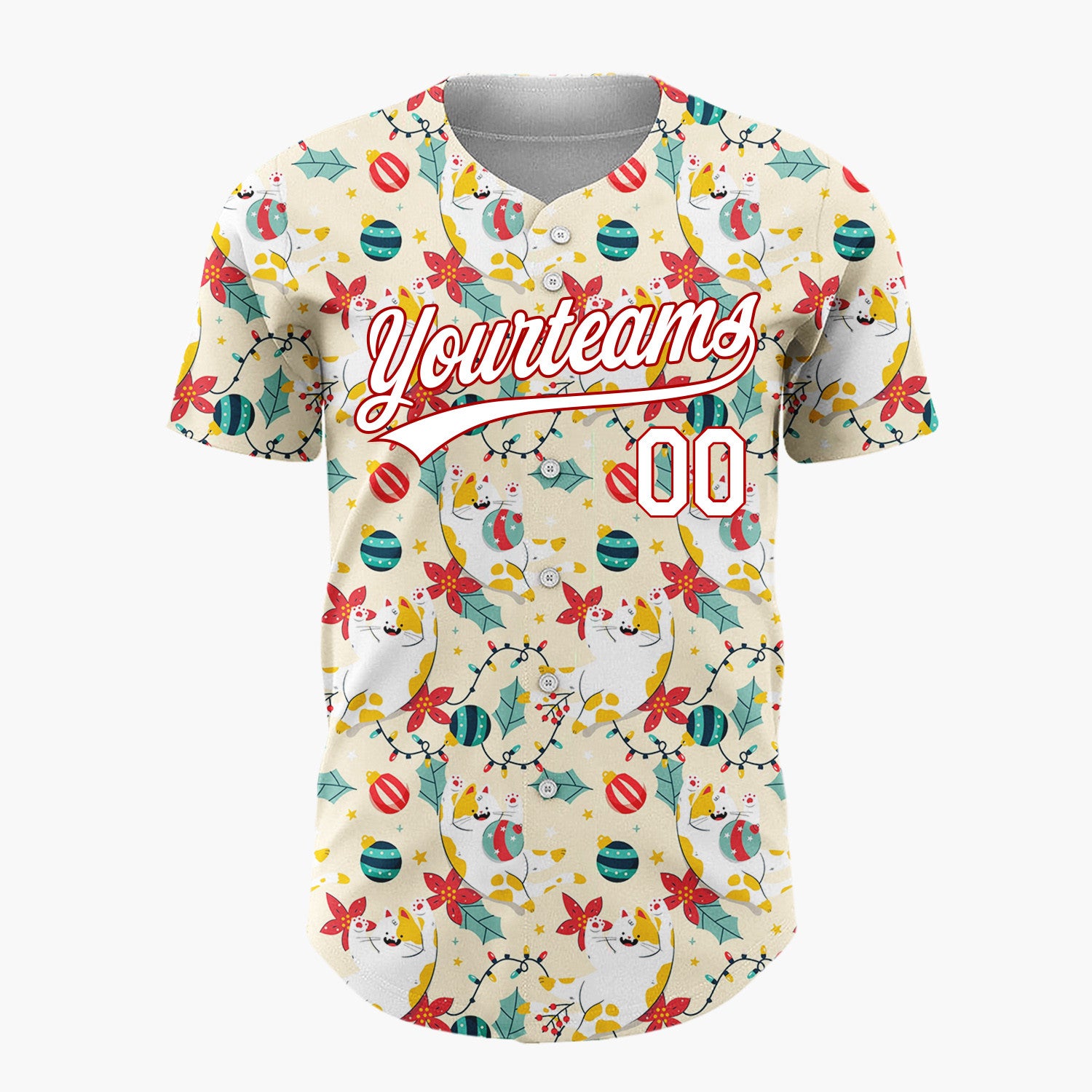 Custom Yellow Red Green Cats Poinsettias And Lights Whimsical Pet Pattern Christmas Baseball Jersey