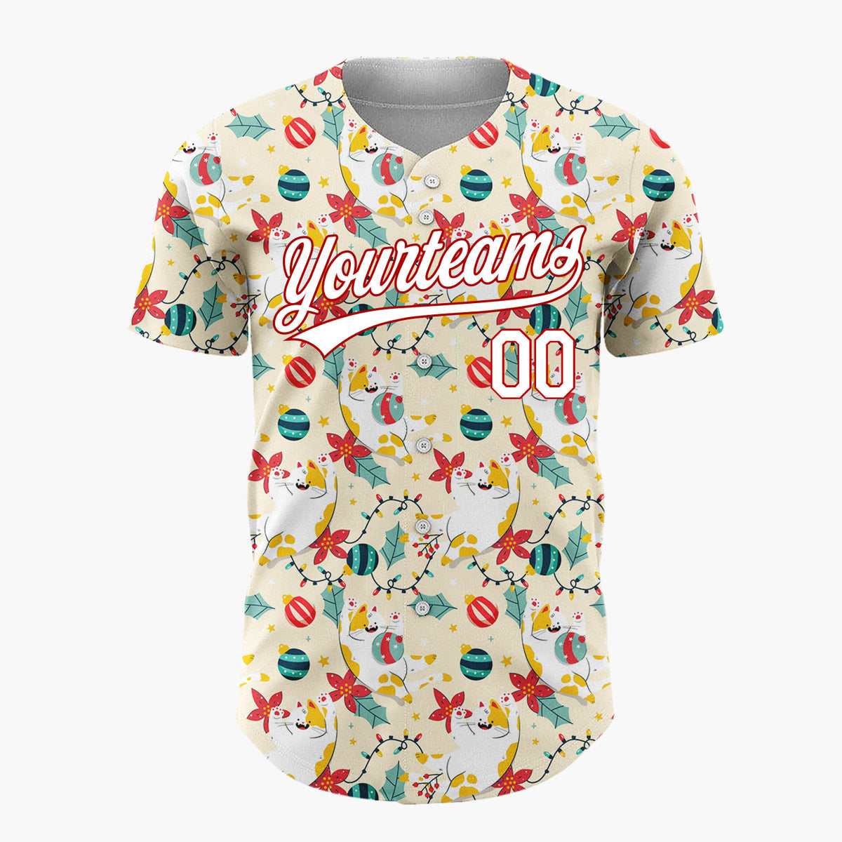 Custom Yellow Red Green Cats Poinsettias And Lights Whimsical Pet Pattern Christmas Baseball Jersey