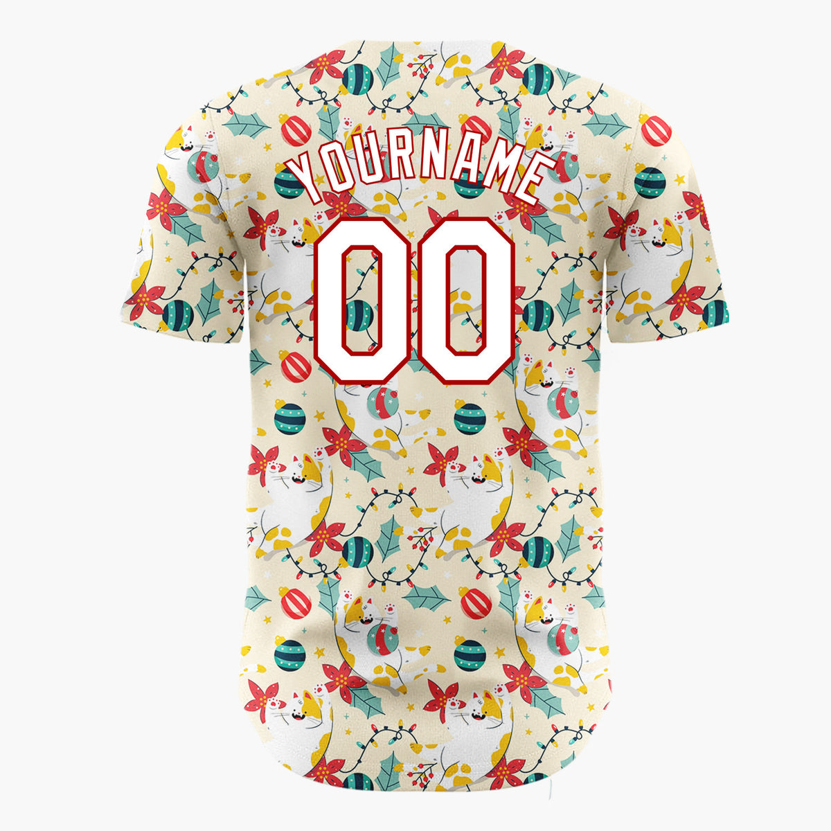 Custom Yellow Red Green Cats Poinsettias And Lights Whimsical Pet Pattern Christmas Baseball Jersey
