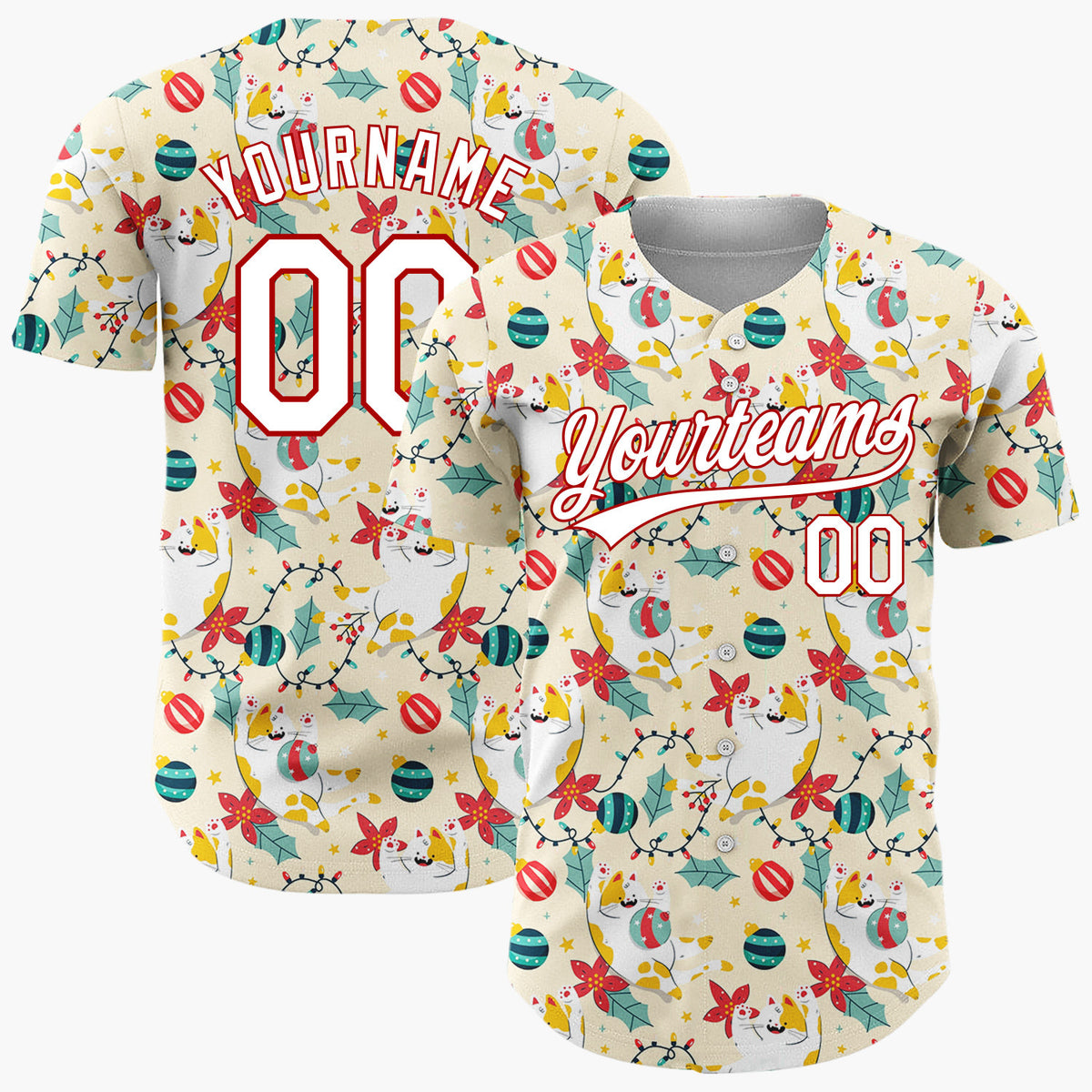 Custom Yellow Red Green Cats Poinsettias And Lights Whimsical Pet Pattern Christmas Baseball Jersey