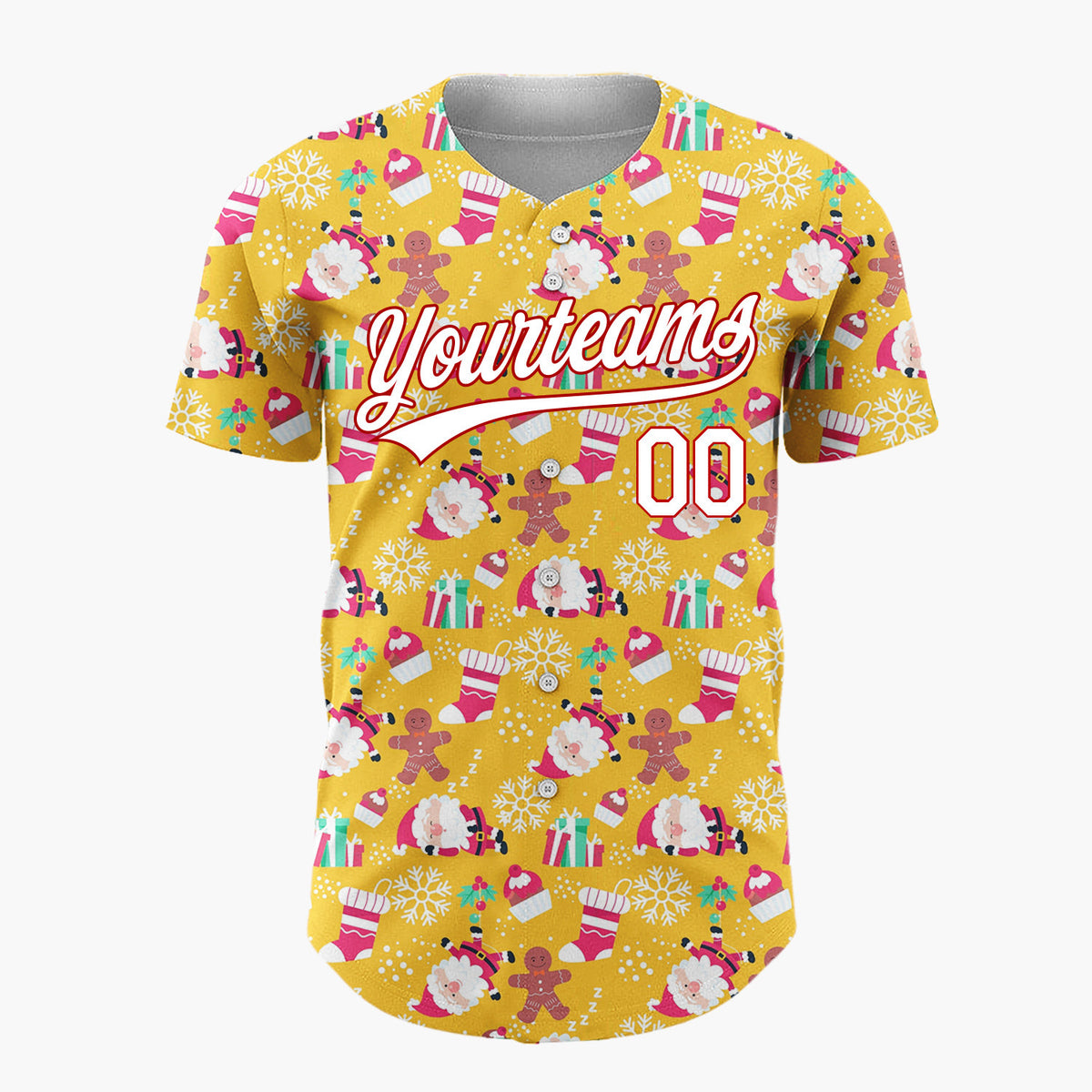 Custom Yellow Red White Santa Gingerbread And Gifts Festive Christmas Baseball Jersey
