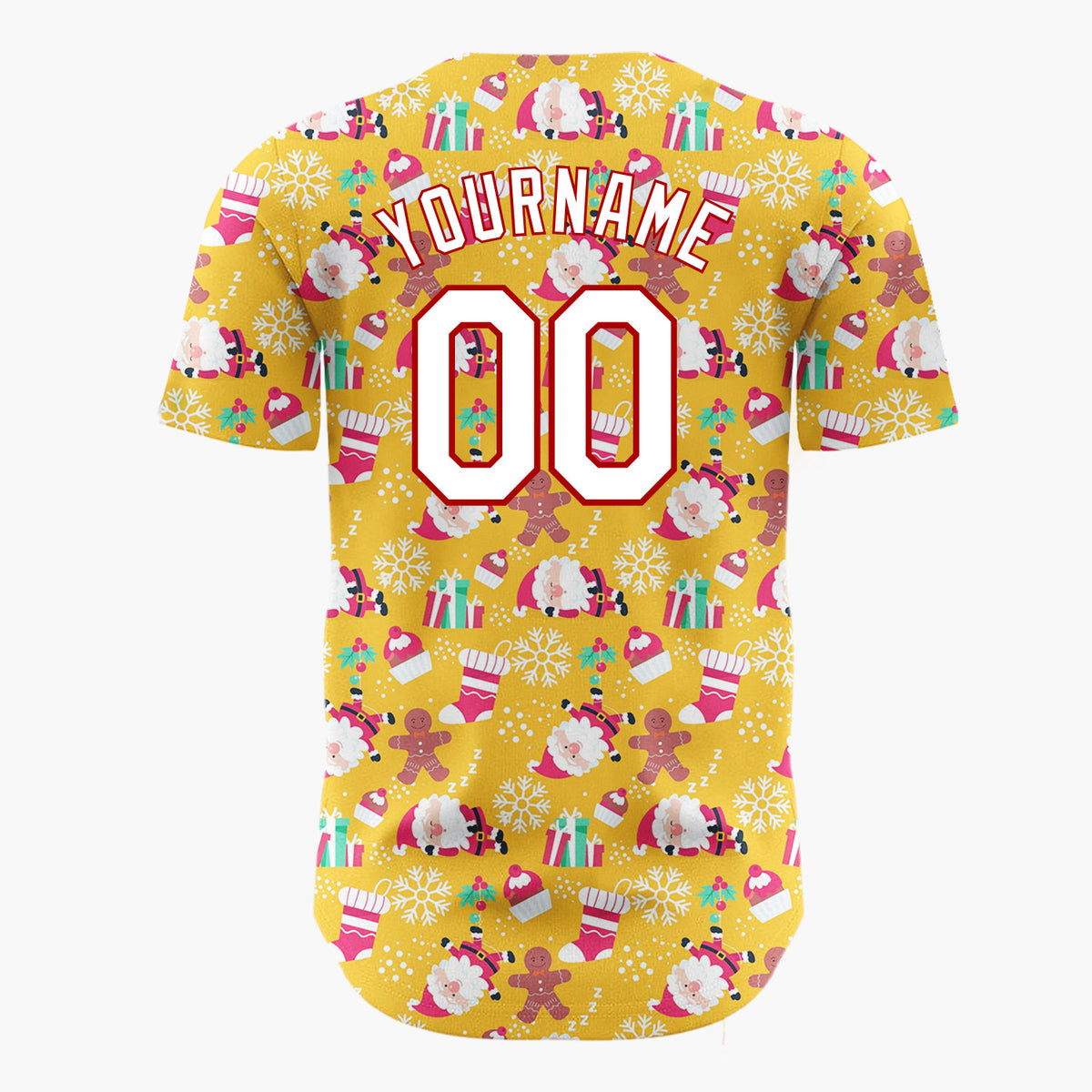 Custom Yellow Red White Santa Gingerbread And Gifts Festive Christmas Baseball Jersey