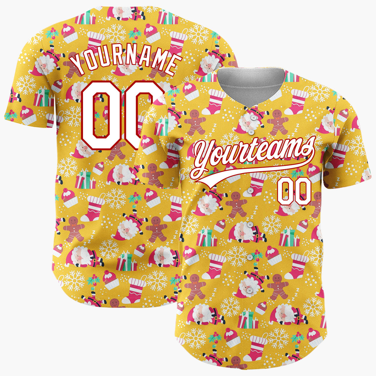 Custom Yellow Red White Santa Gingerbread And Gifts Festive Christmas Baseball Jersey