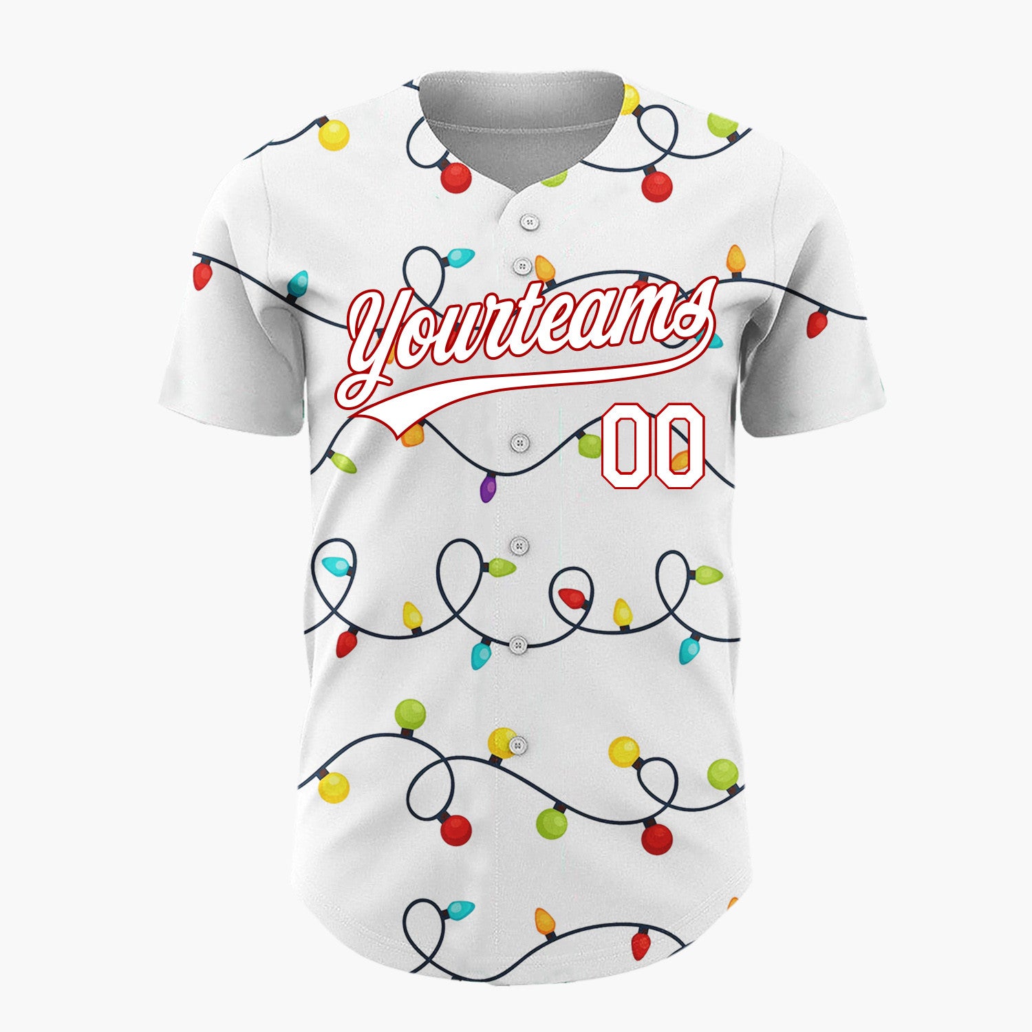 Custom White Rows Of Colorful Christmas Lights Line Art Pattern Christmas Baseball Jersey