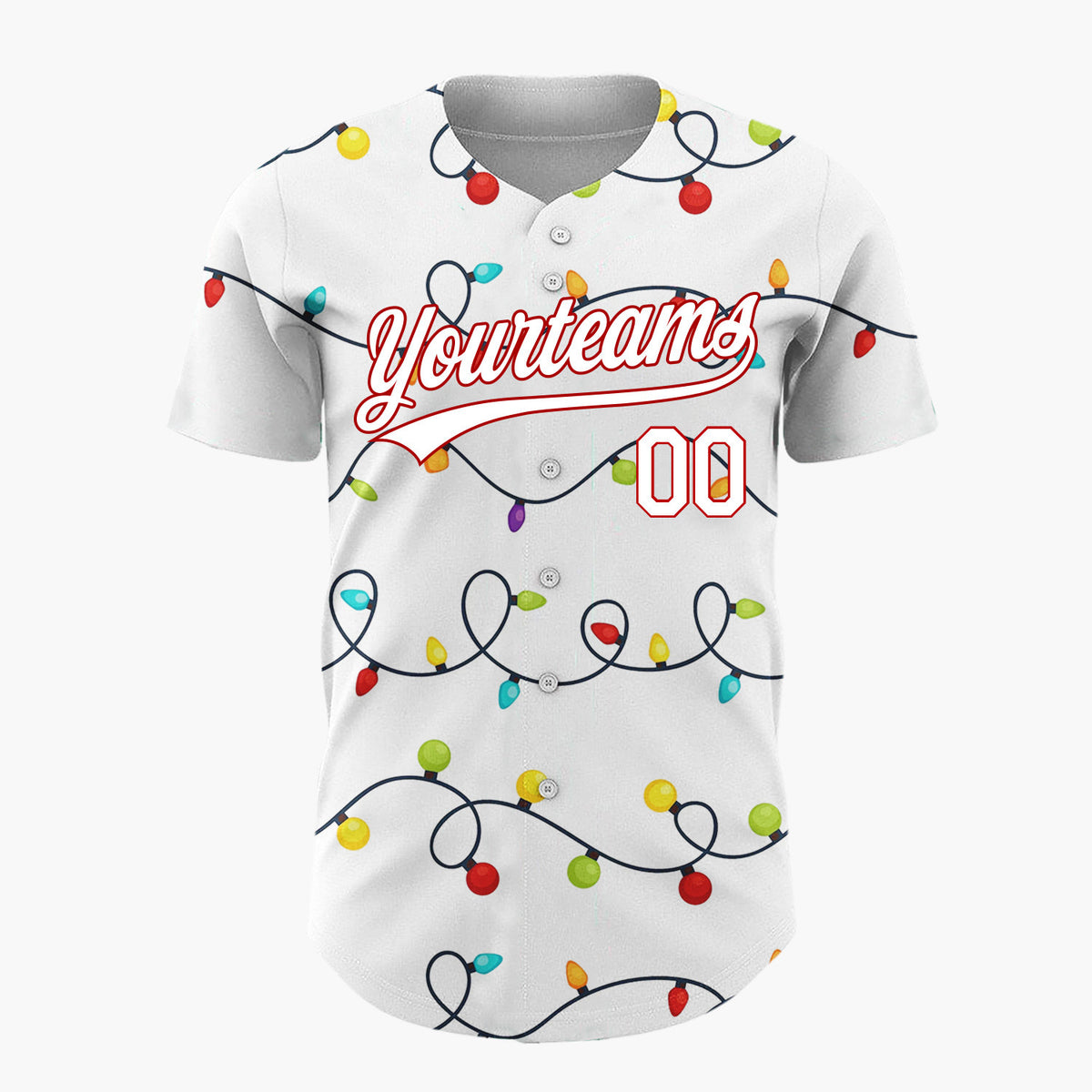 Custom White Rows Of Colorful Christmas Lights Line Art Pattern Christmas Baseball Jersey
