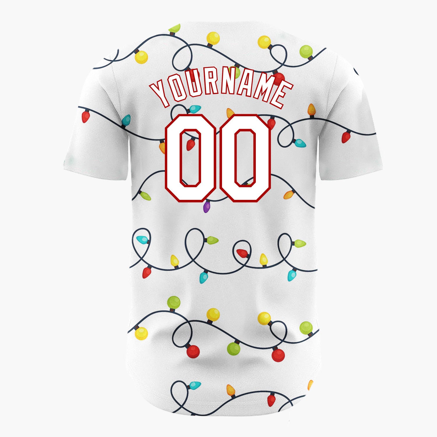 Custom White Rows Of Colorful Christmas Lights Line Art Pattern Christmas Baseball Jersey