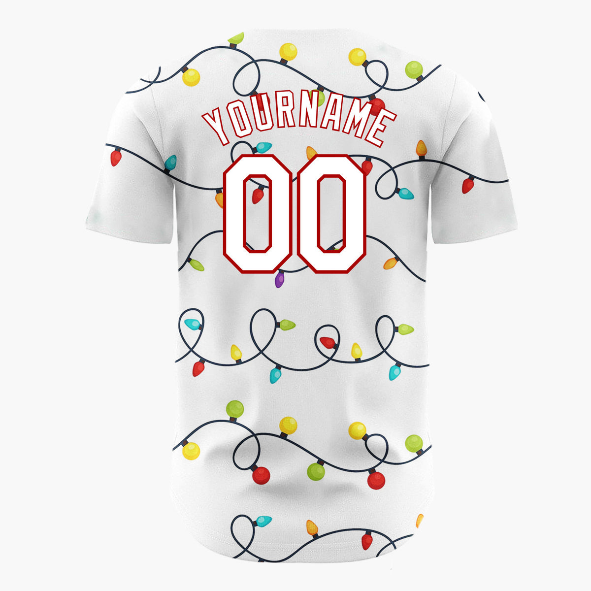 Custom White Rows Of Colorful Christmas Lights Line Art Pattern Christmas Baseball Jersey