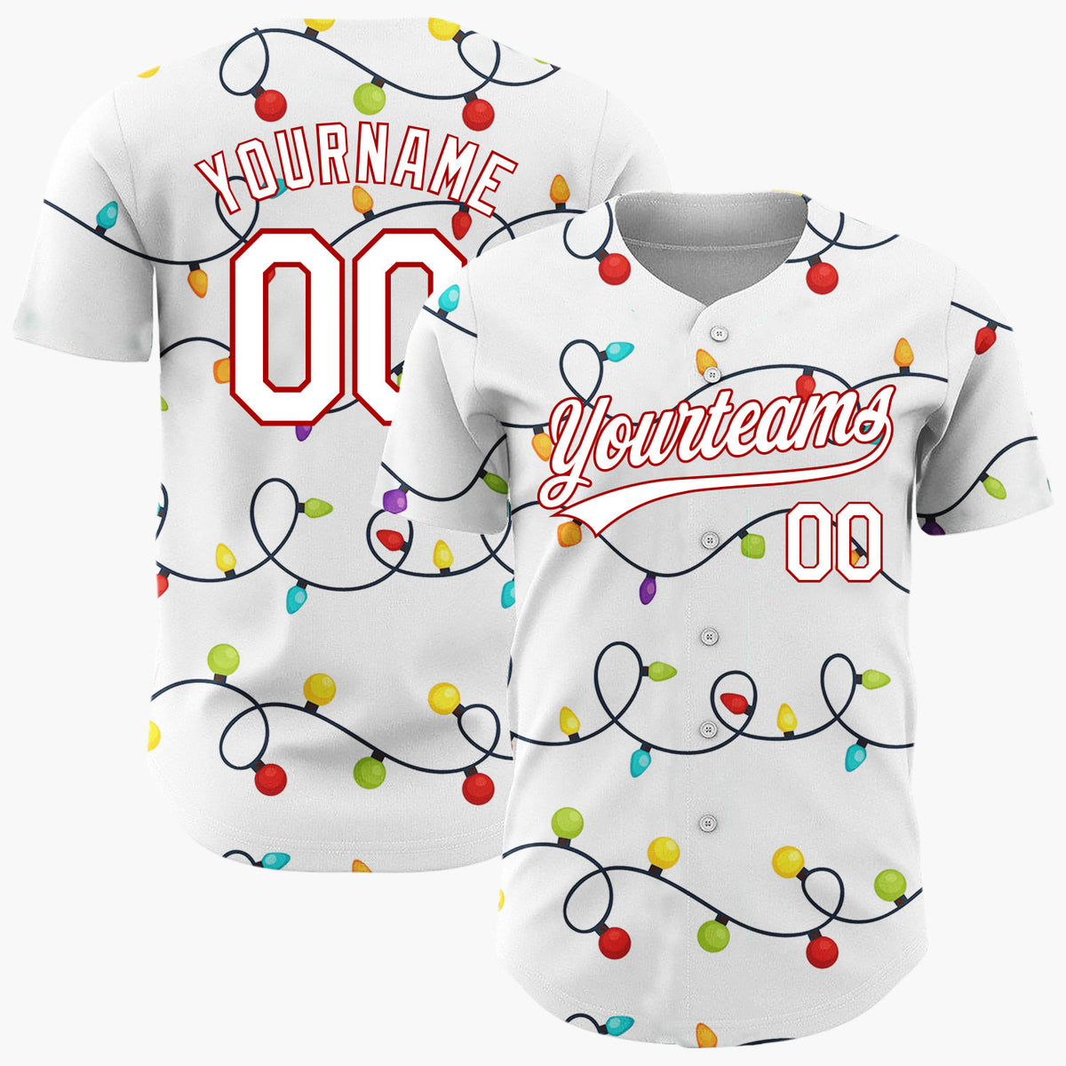 Custom White Rows Of Colorful Christmas Lights Line Art Pattern Christmas Baseball Jersey
