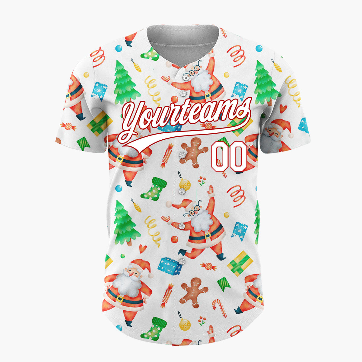 Custom White Santa Gingerbread And Tree Watercolor Cartoon Pattern Christmas Baseball Jersey