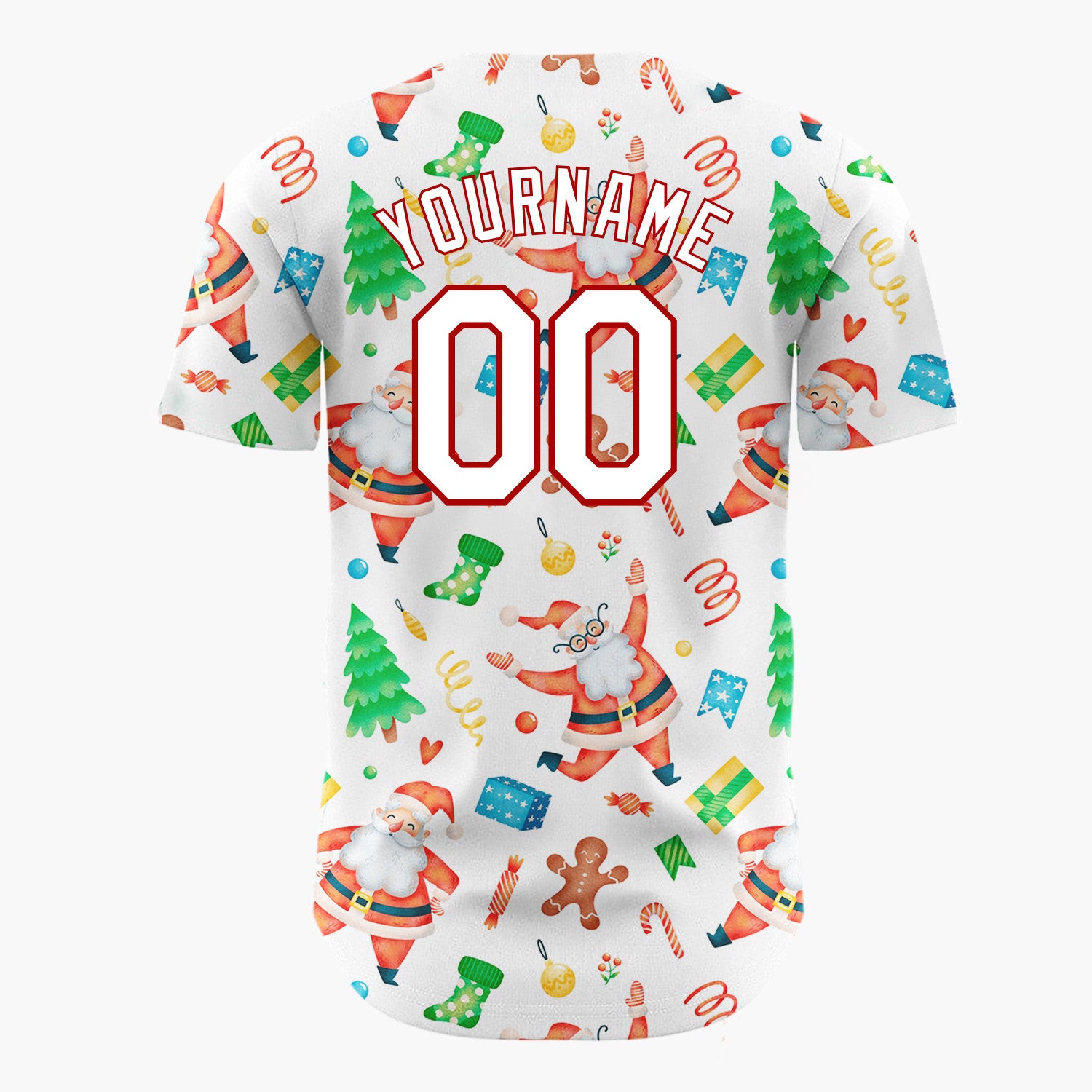 Custom White Santa Gingerbread And Tree Watercolor Cartoon Pattern Christmas Baseball Jersey
