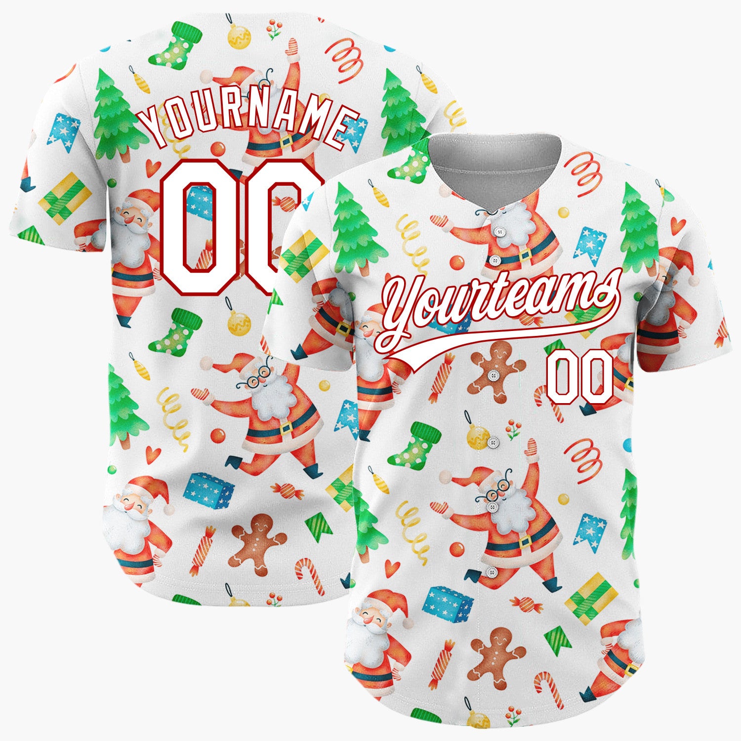 Custom White Santa Gingerbread And Tree Watercolor Cartoon Pattern Christmas Baseball Jersey