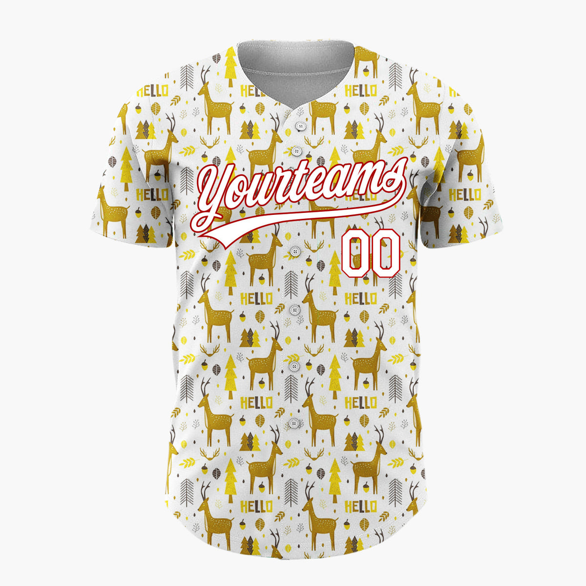 Custom White Yellow Reindeers Trees And Leaves Hello Winter Pattern Christmas Baseball Jersey