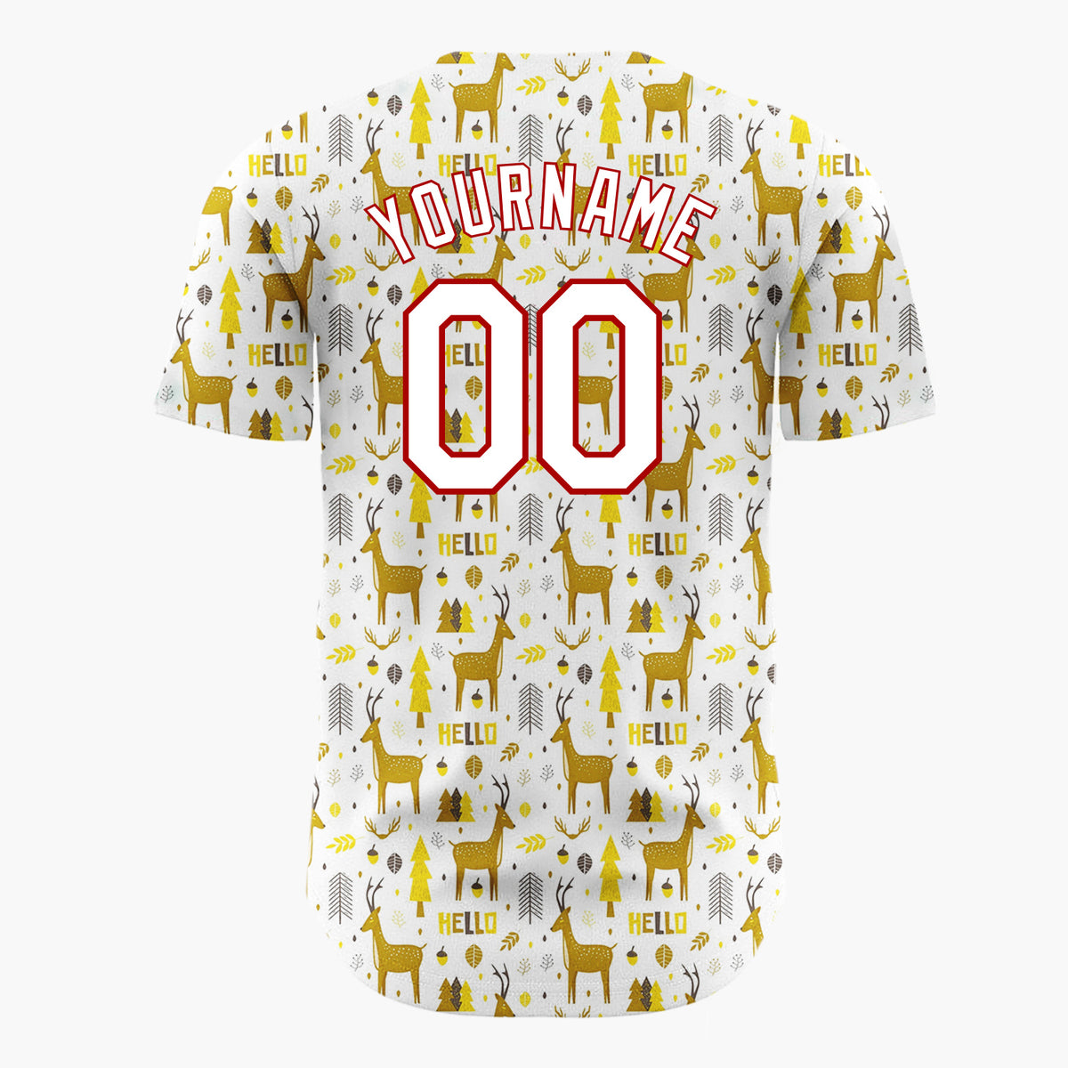 Custom White Yellow Reindeers Trees And Leaves Hello Winter Pattern Christmas Baseball Jersey