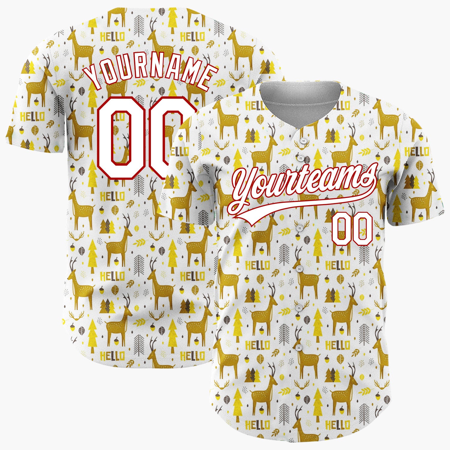 Custom White Yellow Reindeers Trees And Leaves Hello Winter Pattern Christmas Baseball Jersey