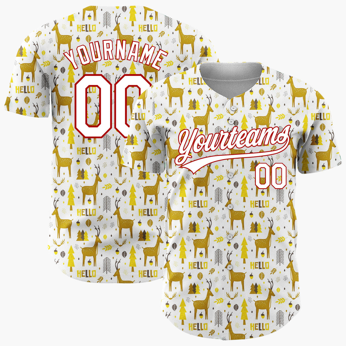 Custom White Yellow Reindeers Trees And Leaves Hello Winter Pattern Christmas Baseball Jersey