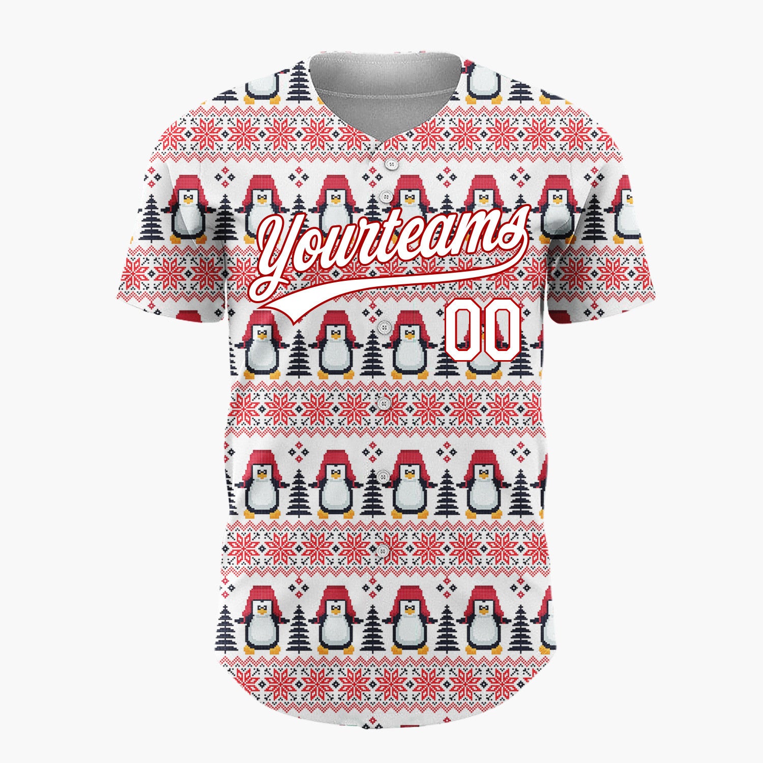 Custom White Red Penguin And Tree Pixelated Fair Isle Pattern Christmas Baseball Jersey