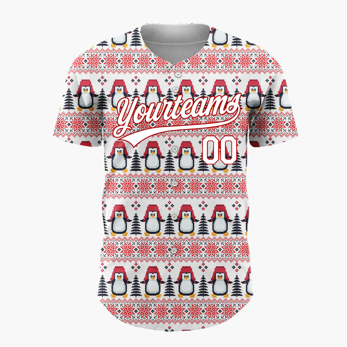 Custom White Red Penguin And Tree Pixelated Fair Isle Pattern Christmas Baseball Jersey