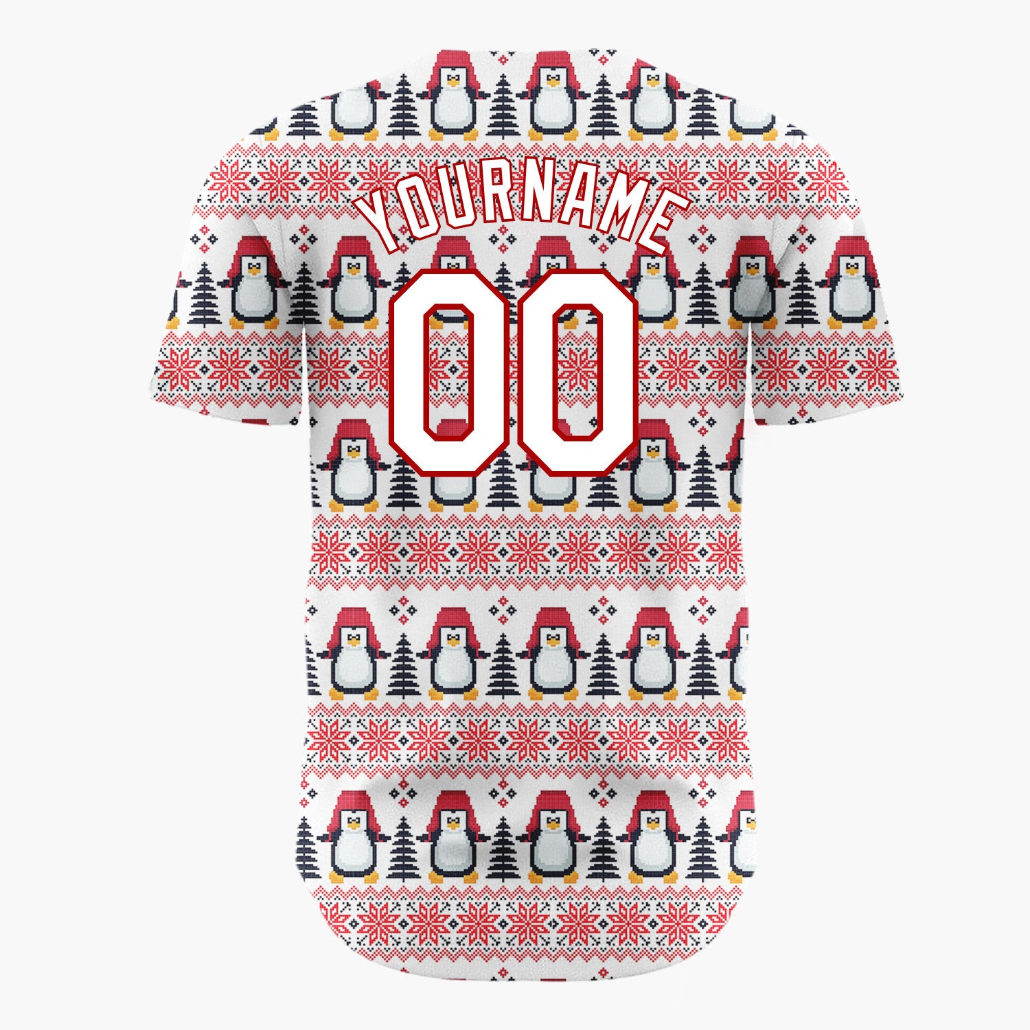 Custom White Red Penguin And Tree Pixelated Fair Isle Pattern Christmas Baseball Jersey