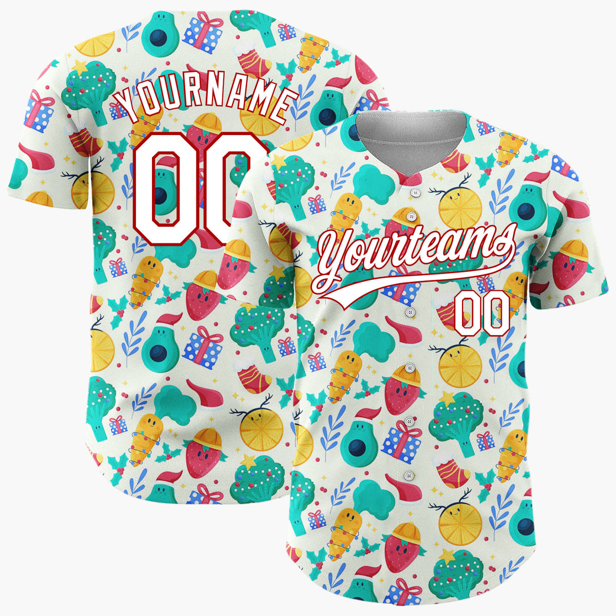 Custom Yellow Green Fruits Vegetables And Gifts Funny Christmas Baseball Jersey