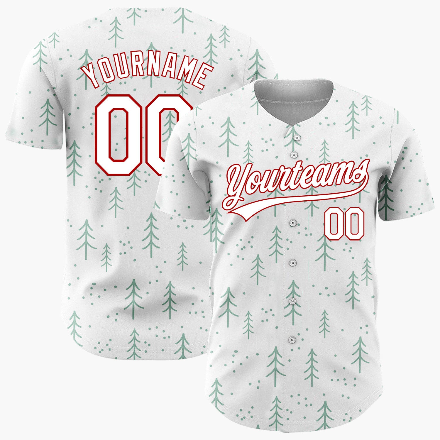 Custom White Scattered Green Pine Trees Dots Minimalist Forest Pattern Christmas Baseball Jersey