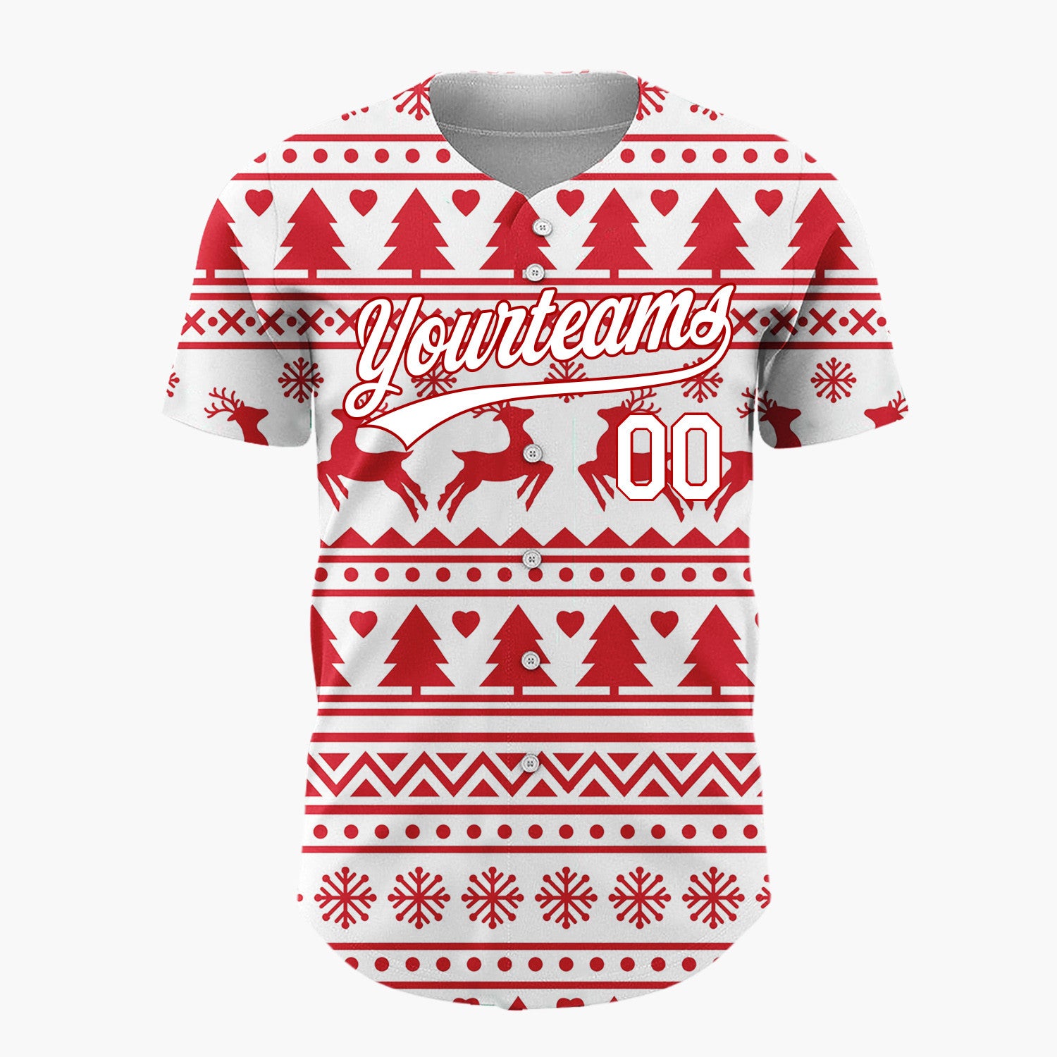 Custom White Red Reindeer And Trees Graphic Nordic Pattern Christmas Baseball Jersey