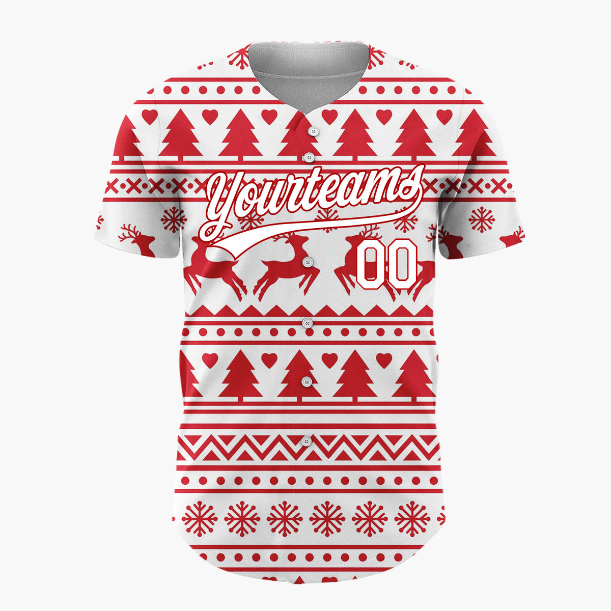 Custom White Red Reindeer And Trees Graphic Nordic Pattern Christmas Baseball Jersey