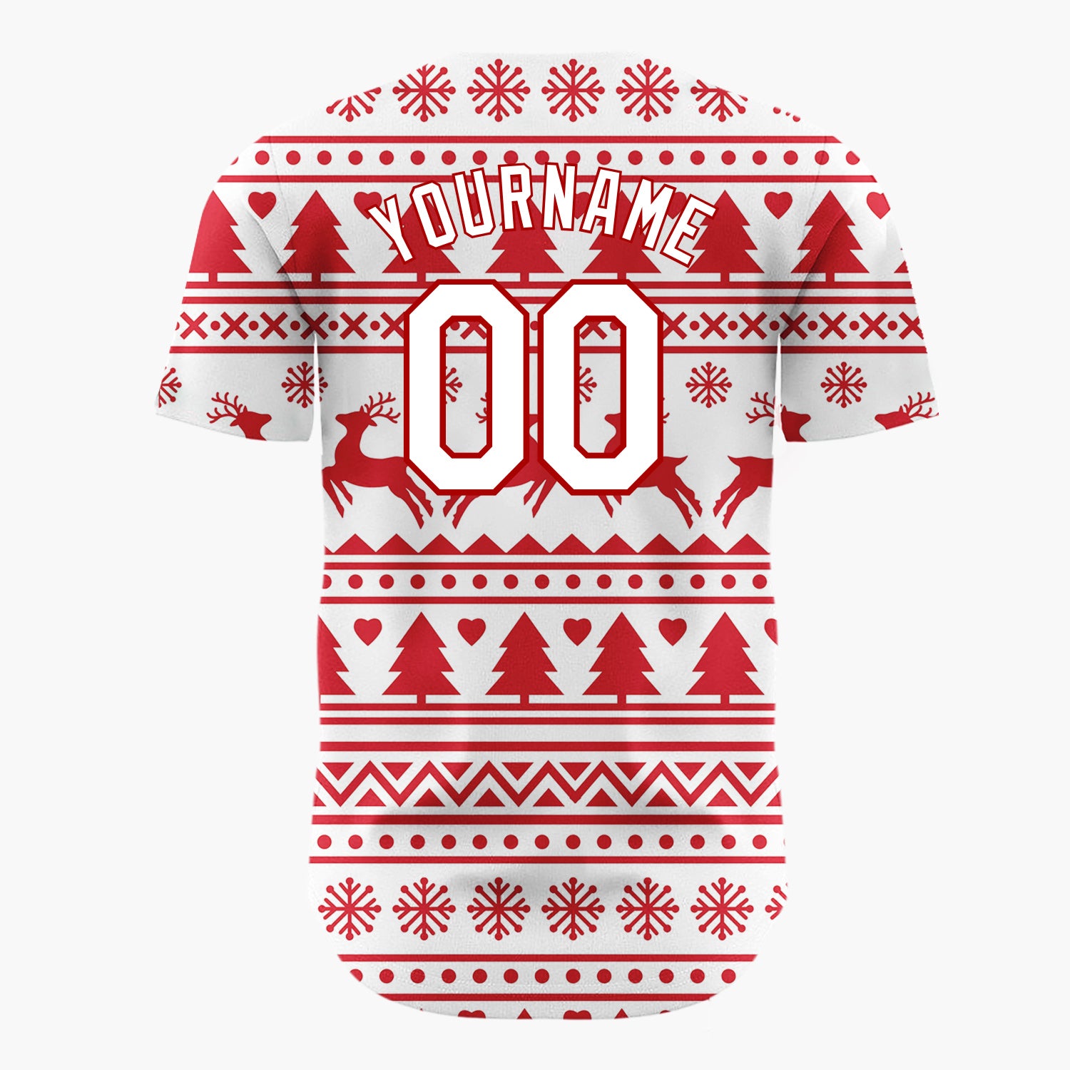 Custom White Red Reindeer And Trees Graphic Nordic Pattern Christmas Baseball Jersey