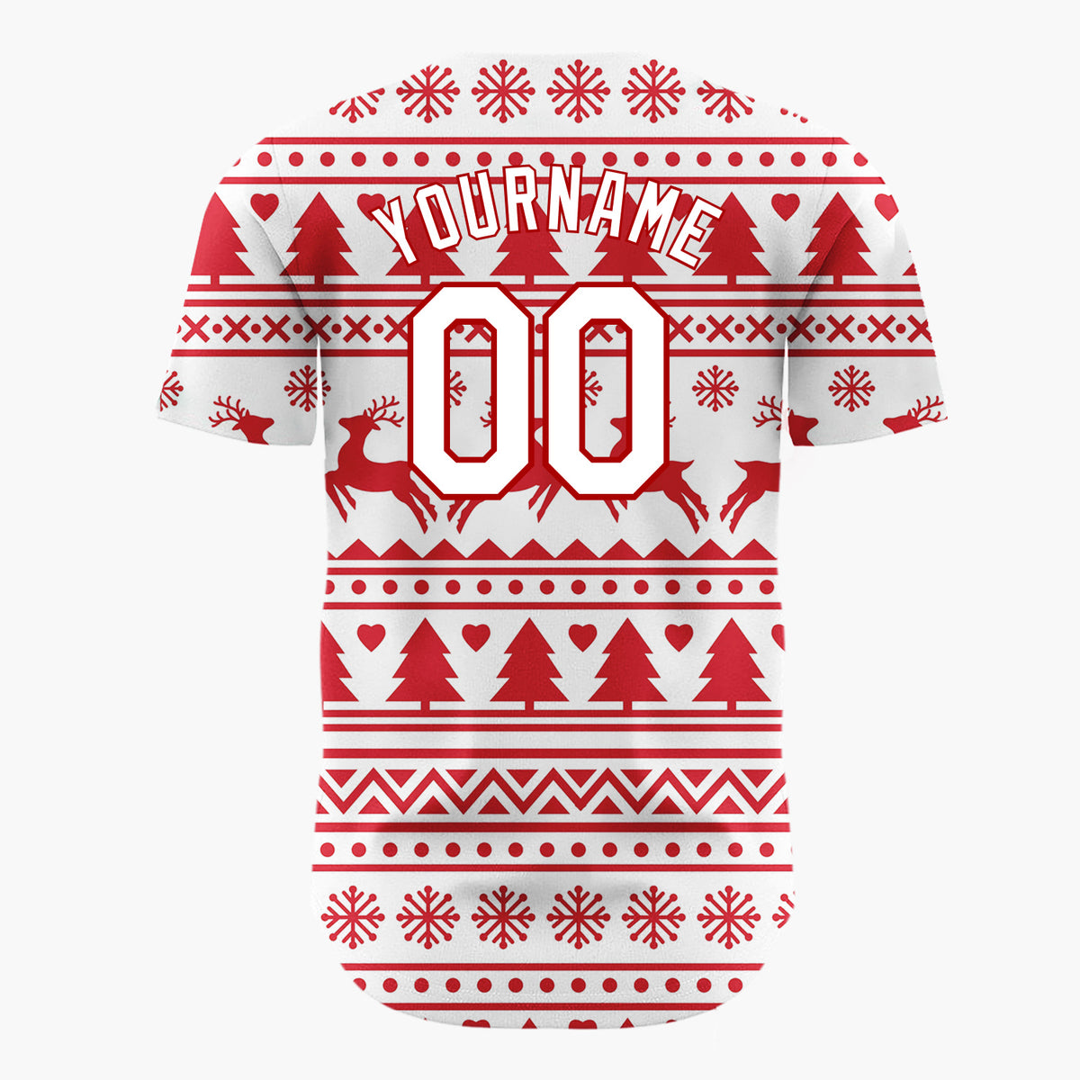 Custom White Red Reindeer And Trees Graphic Nordic Pattern Christmas Baseball Jersey