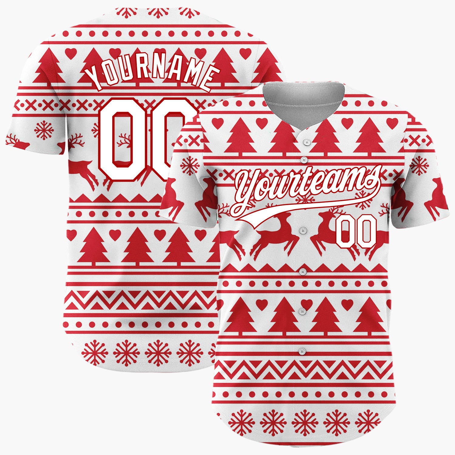 Custom White Red Reindeer And Trees Graphic Nordic Pattern Christmas Baseball Jersey