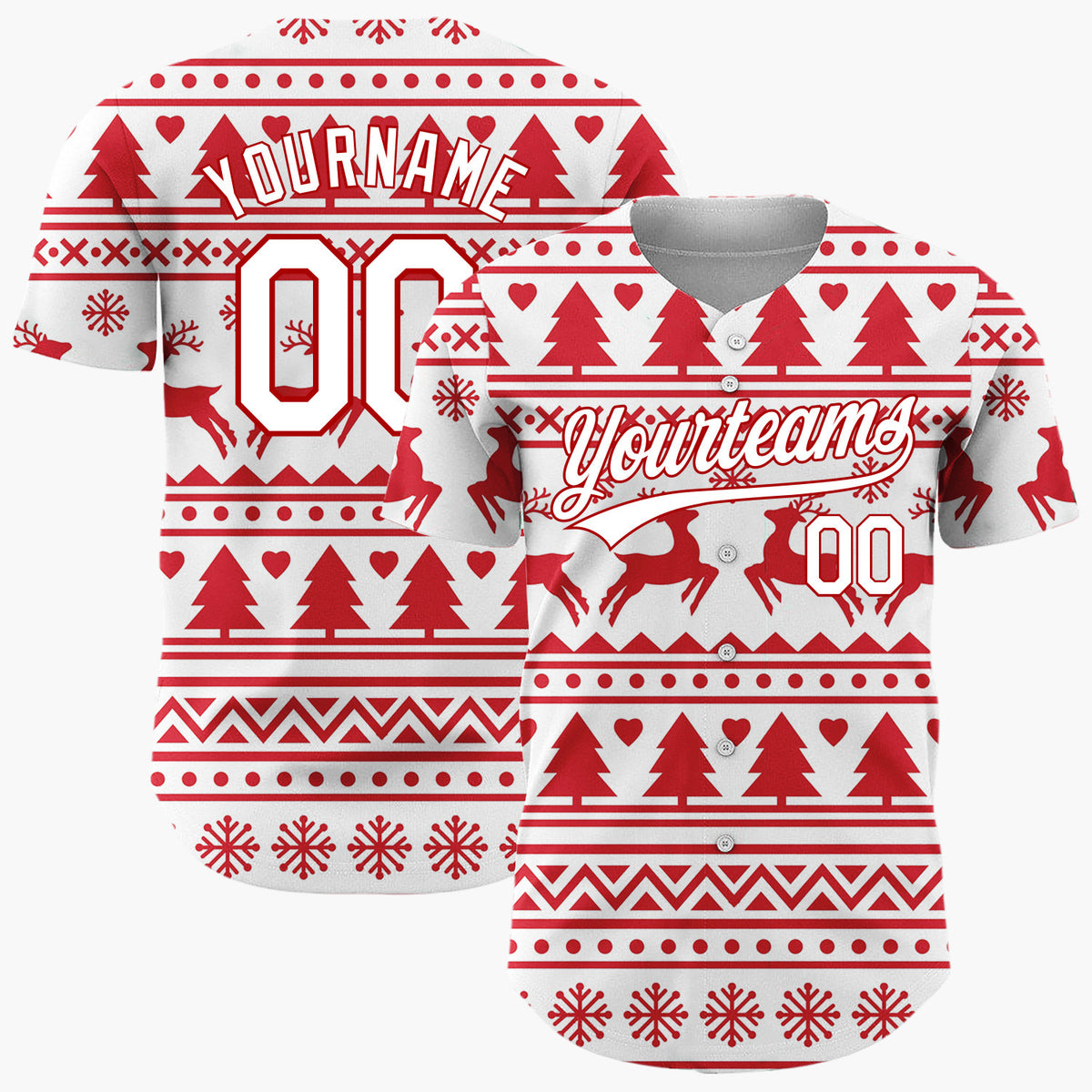 Custom White Red Reindeer And Trees Graphic Nordic Pattern Christmas Baseball Jersey