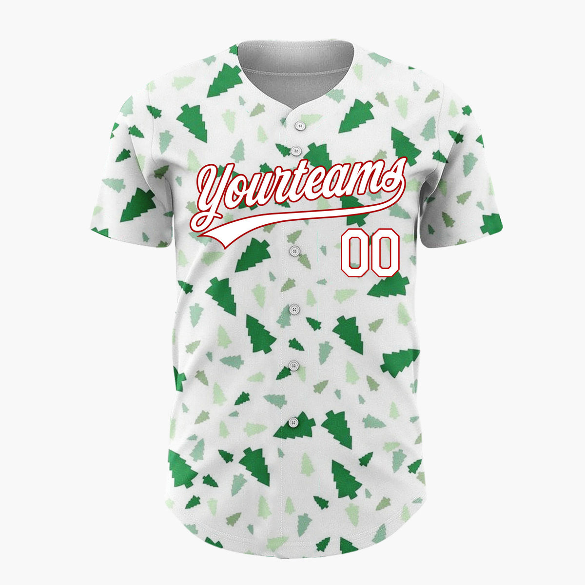 Custom White Scattered Shades Green Fir Tree Shapes Minimalist Christmas Baseball Jersey