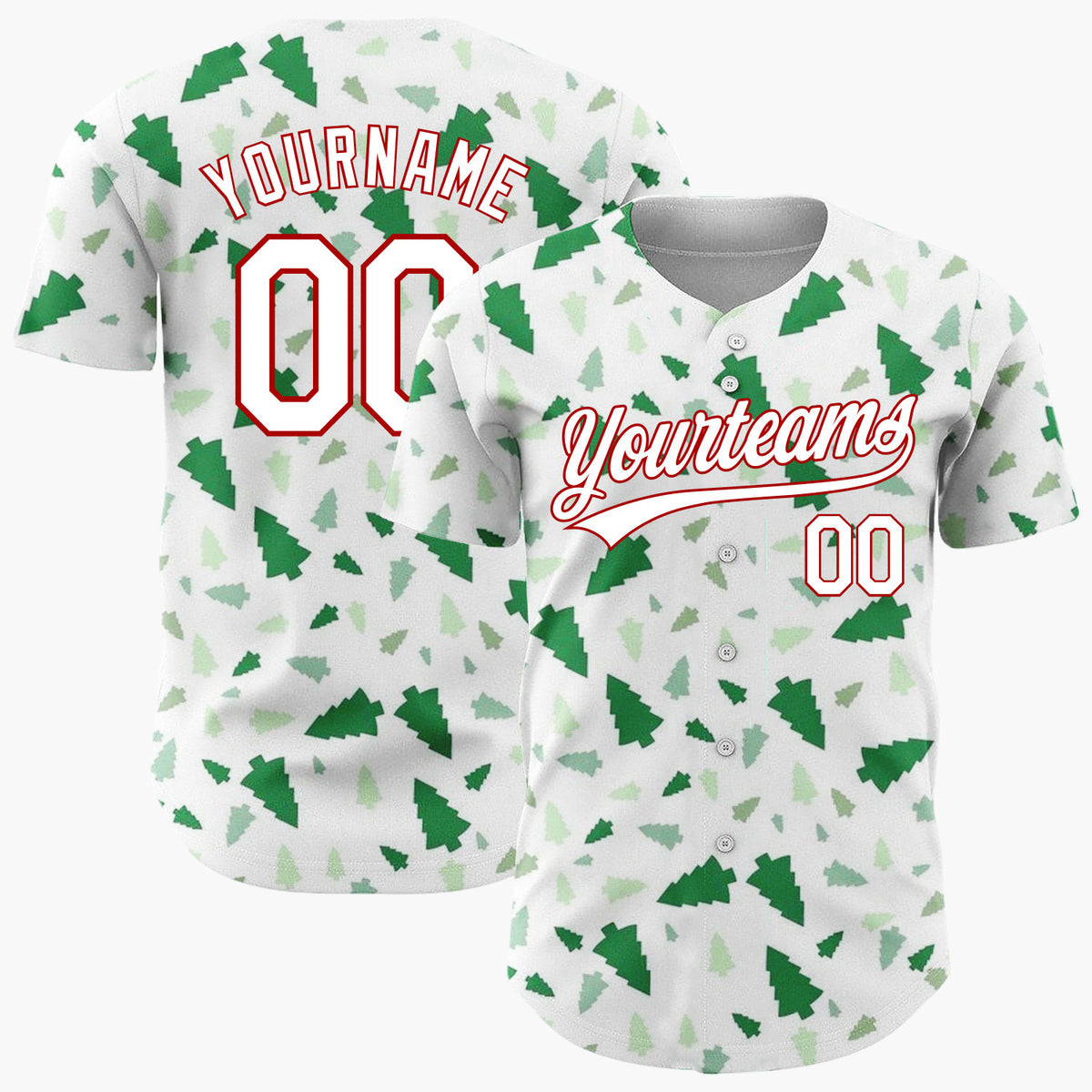 Custom White Scattered Shades Green Fir Tree Shapes Minimalist Christmas Baseball Jersey