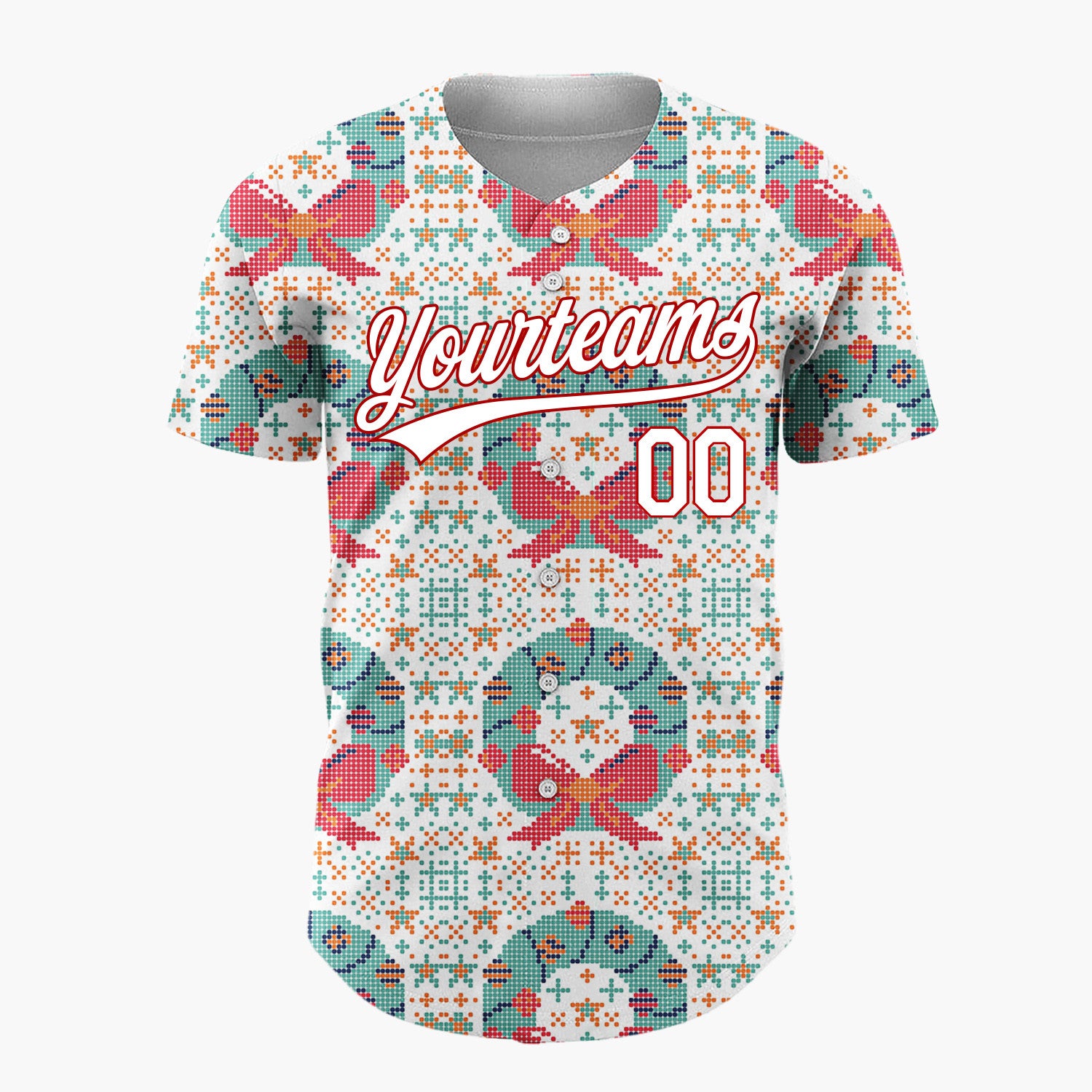 Custom White Wreath Cross Stitch Sweater Pattern Christmas Baseball Jersey