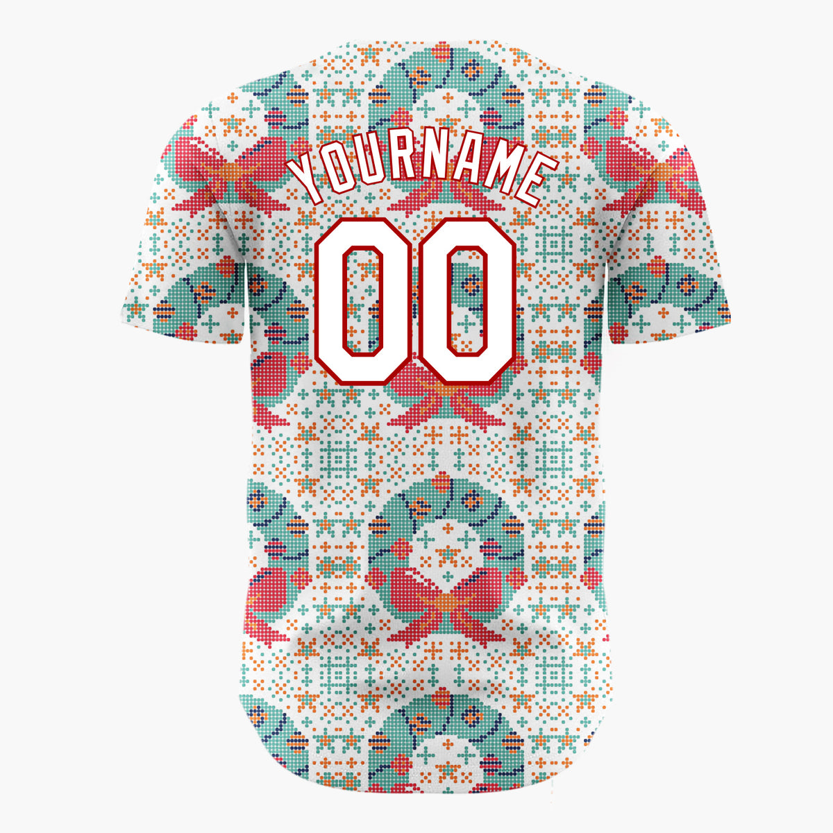 Custom White Wreath Cross Stitch Sweater Pattern Christmas Baseball Jersey