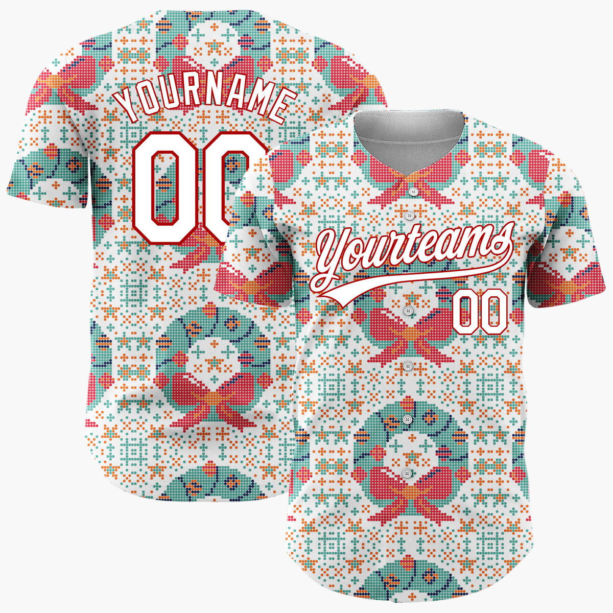 Custom White Wreath Cross Stitch Sweater Pattern Christmas Baseball Jersey