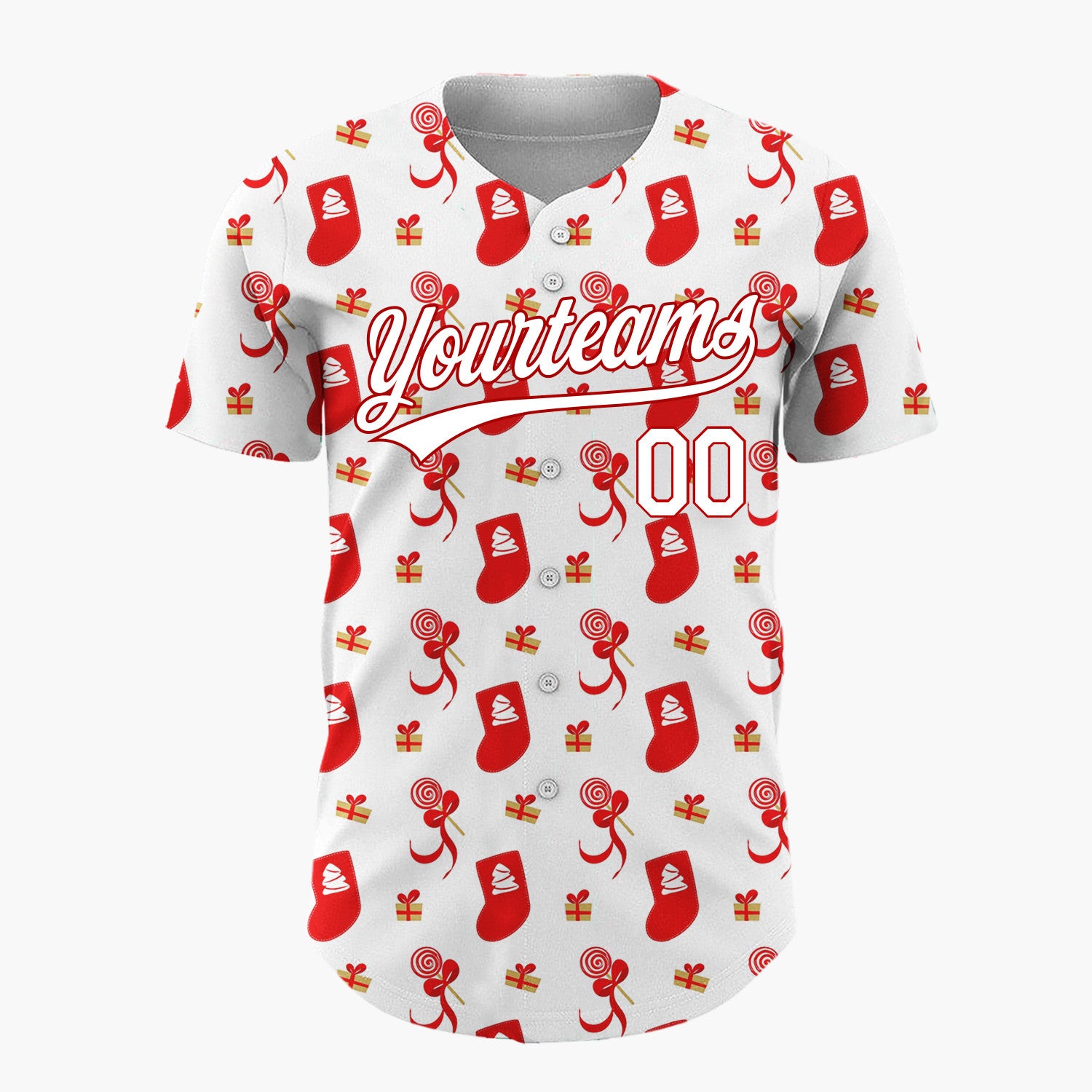 Custom White Red Stocking Candy And Gift Minimalist Pattern Christmas Baseball Jersey