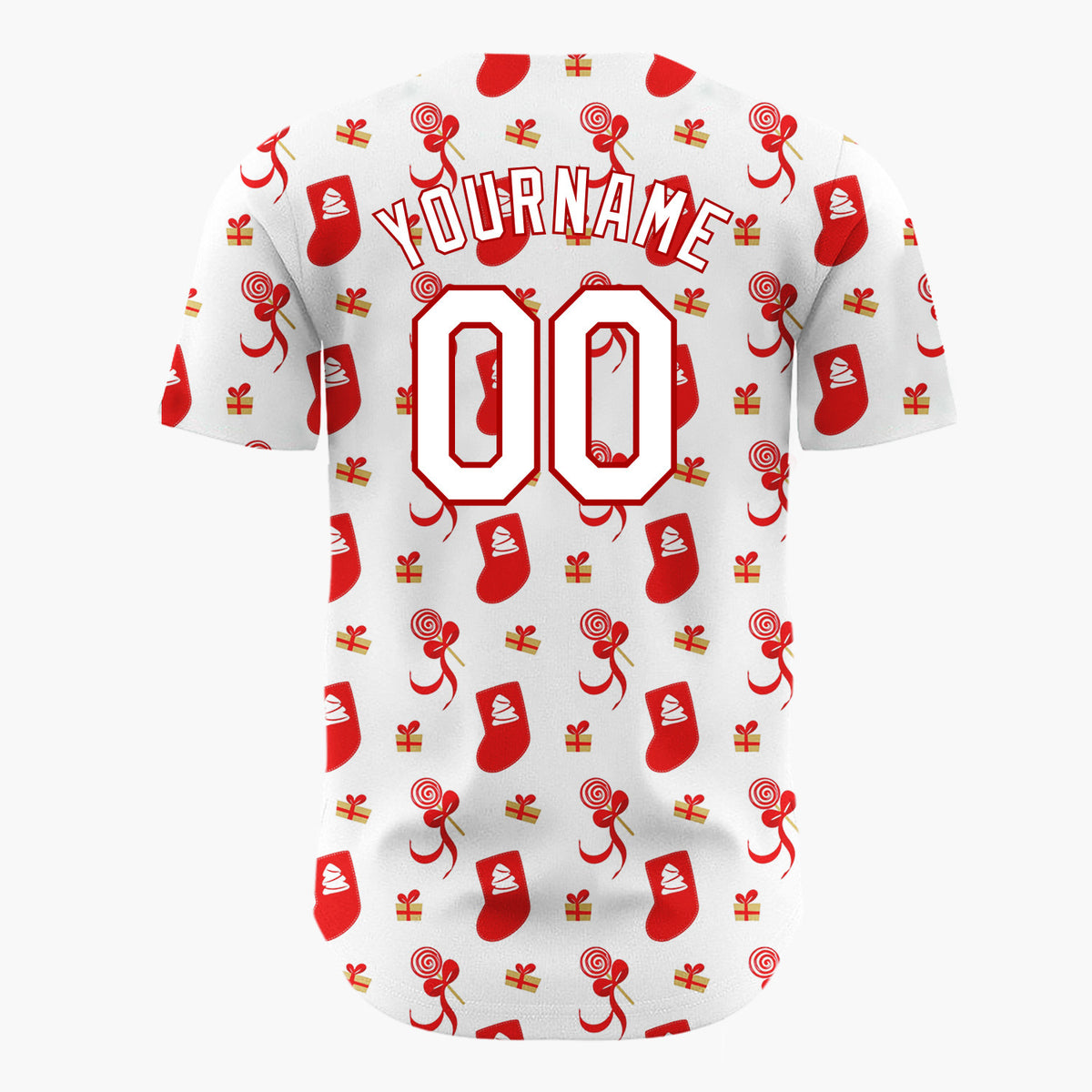 Custom White Red Stocking Candy And Gift Minimalist Pattern Christmas Baseball Jersey