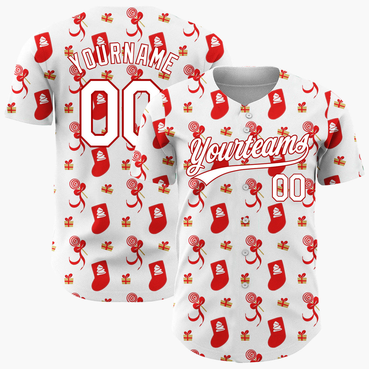 Custom White Red Stocking Candy And Gift Minimalist Pattern Christmas Baseball Jersey