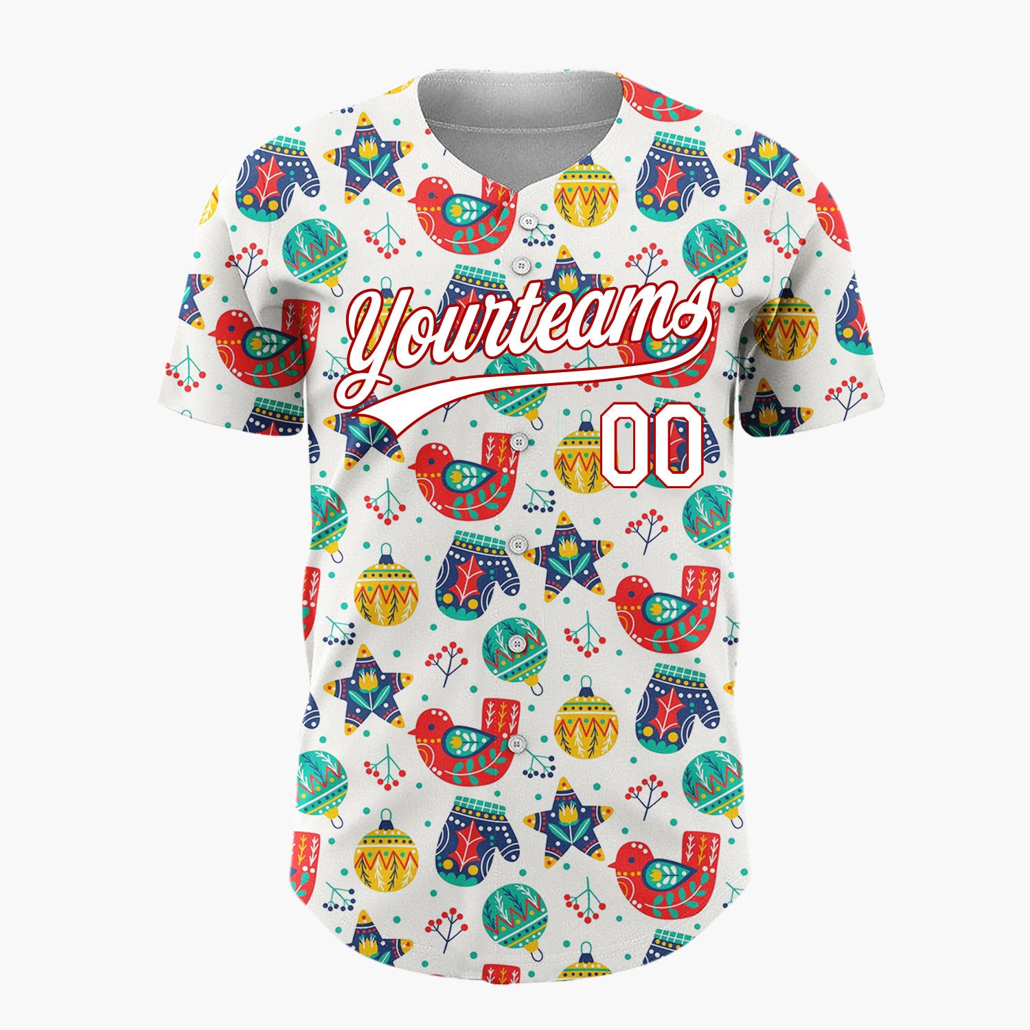 Custom White Red Yellow Birds Mittens And Ornaments Folk Christmas Baseball Jersey