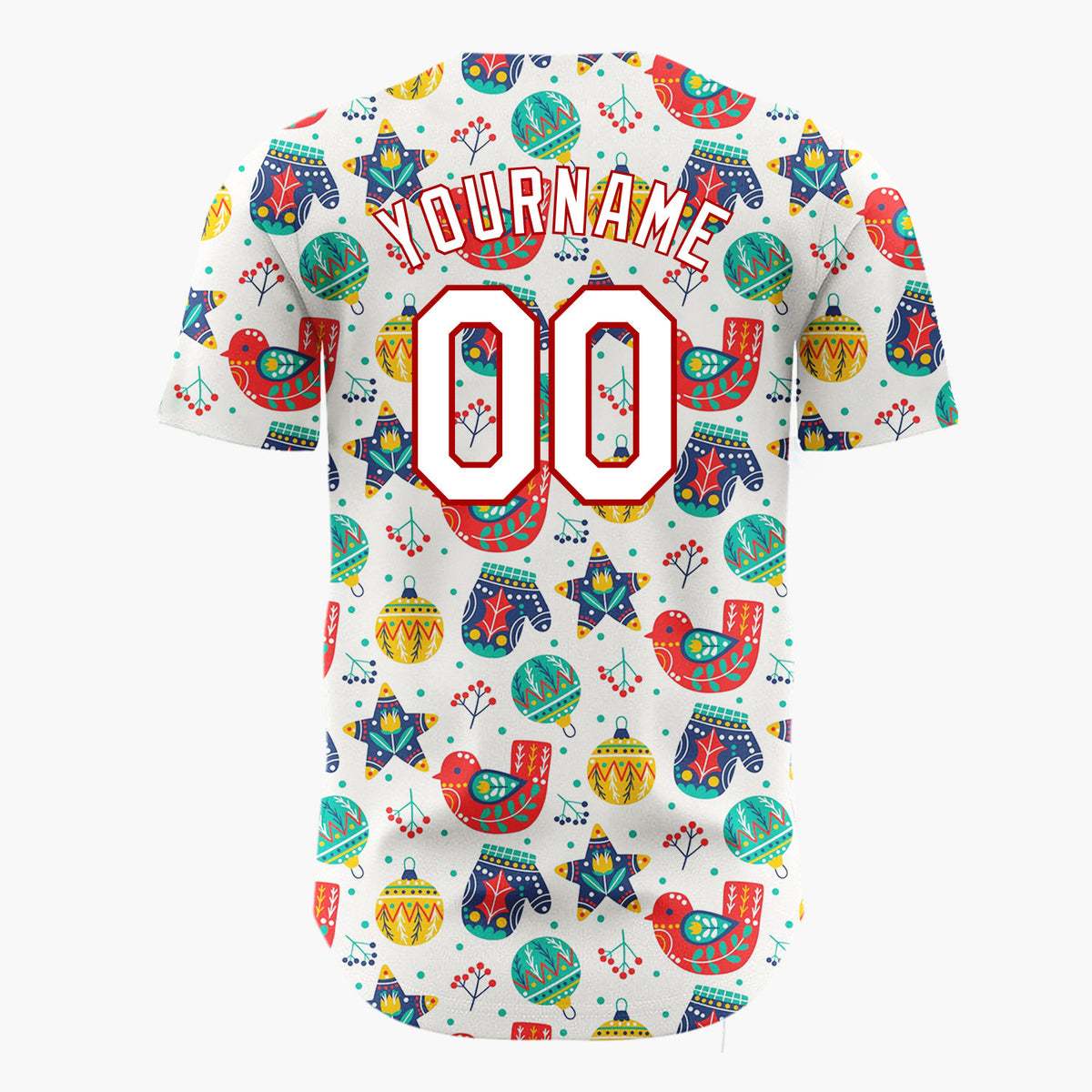 Custom White Red Yellow Birds Mittens And Ornaments Folk Christmas Baseball Jersey