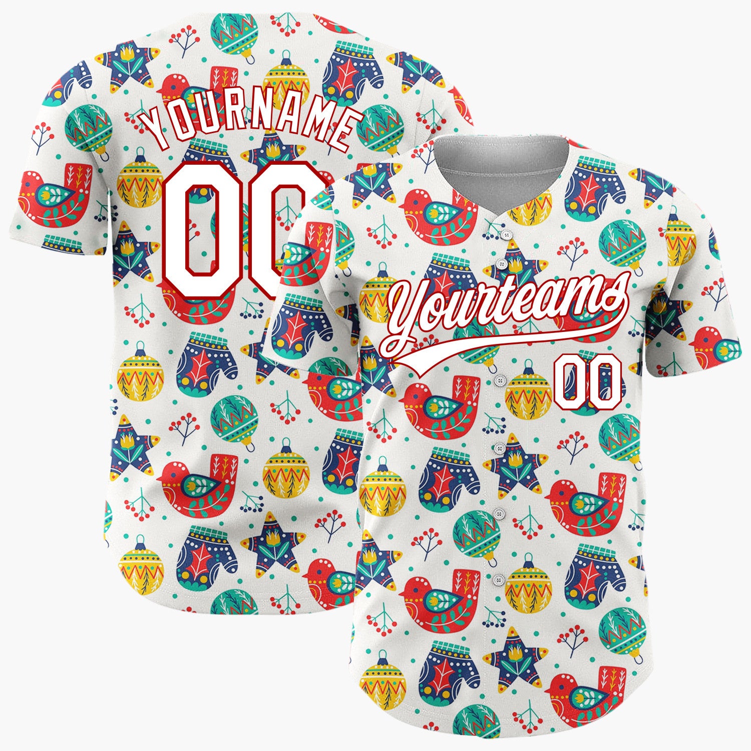 Custom White Red Yellow Birds Mittens And Ornaments Folk Christmas Baseball Jersey