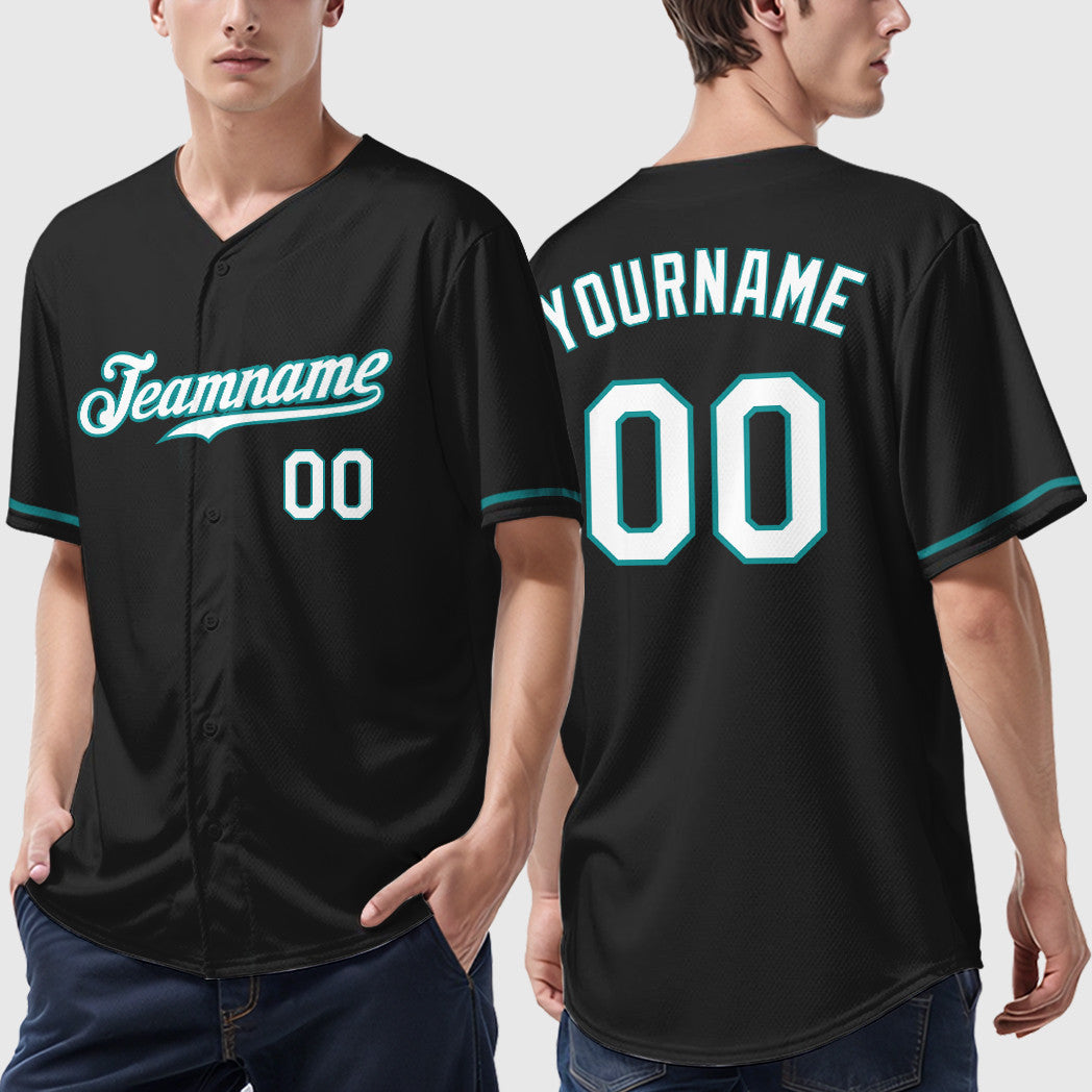 Custom Black White Teal Baseball Jersey