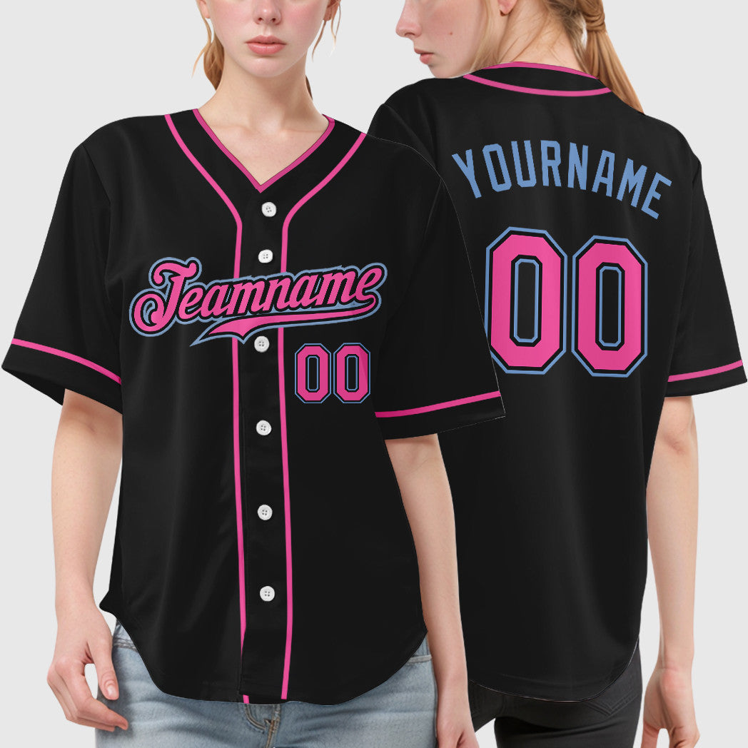 Custom Black Light Blue Pink Piping Baseball Jersey