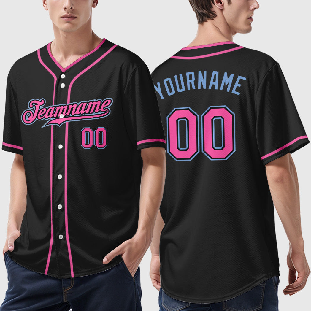 Custom Black Light Blue Pink Piping Baseball Jersey