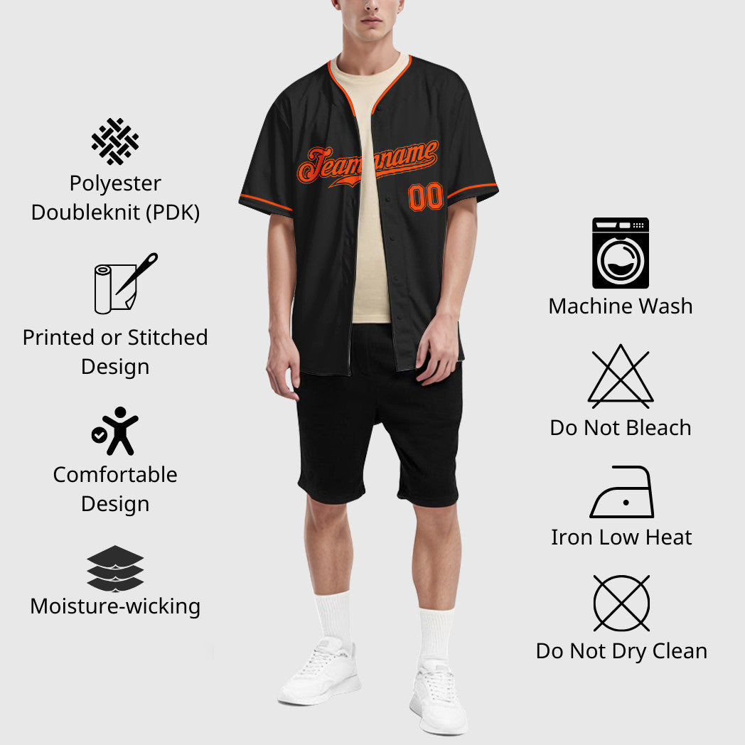Custom Black Orange Collar Sleeve Baseball Jersey