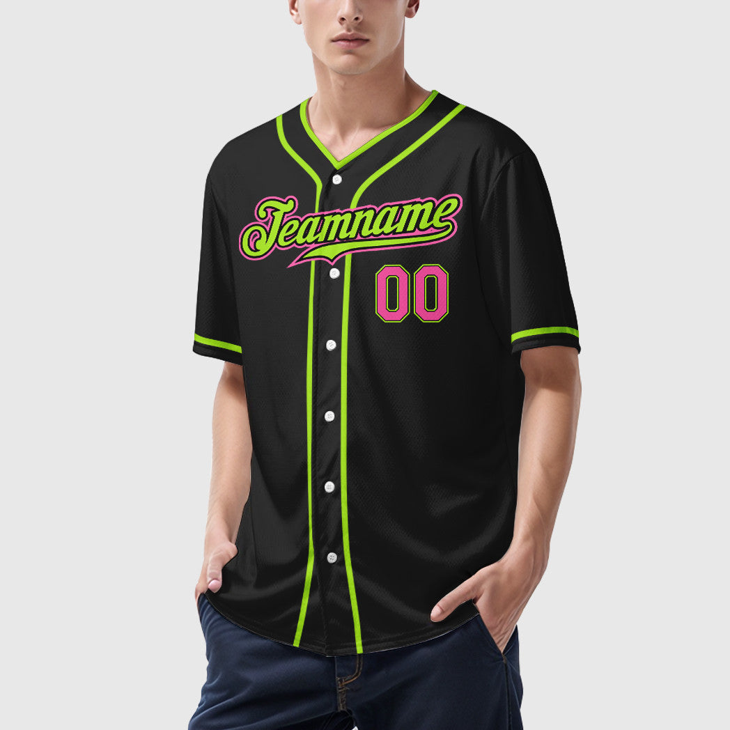 Custom Black Pink Green-Neon Piping Baseball Jersey