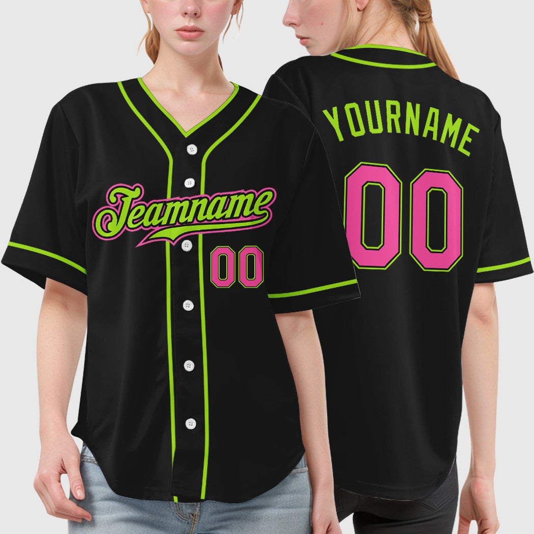 Custom Black Pink Green-Neon Piping Baseball Jersey