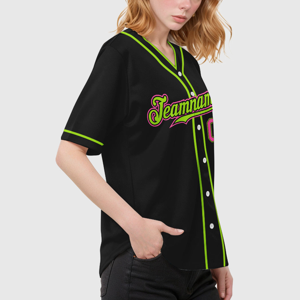 Custom Black Pink Green-Neon Piping Baseball Jersey